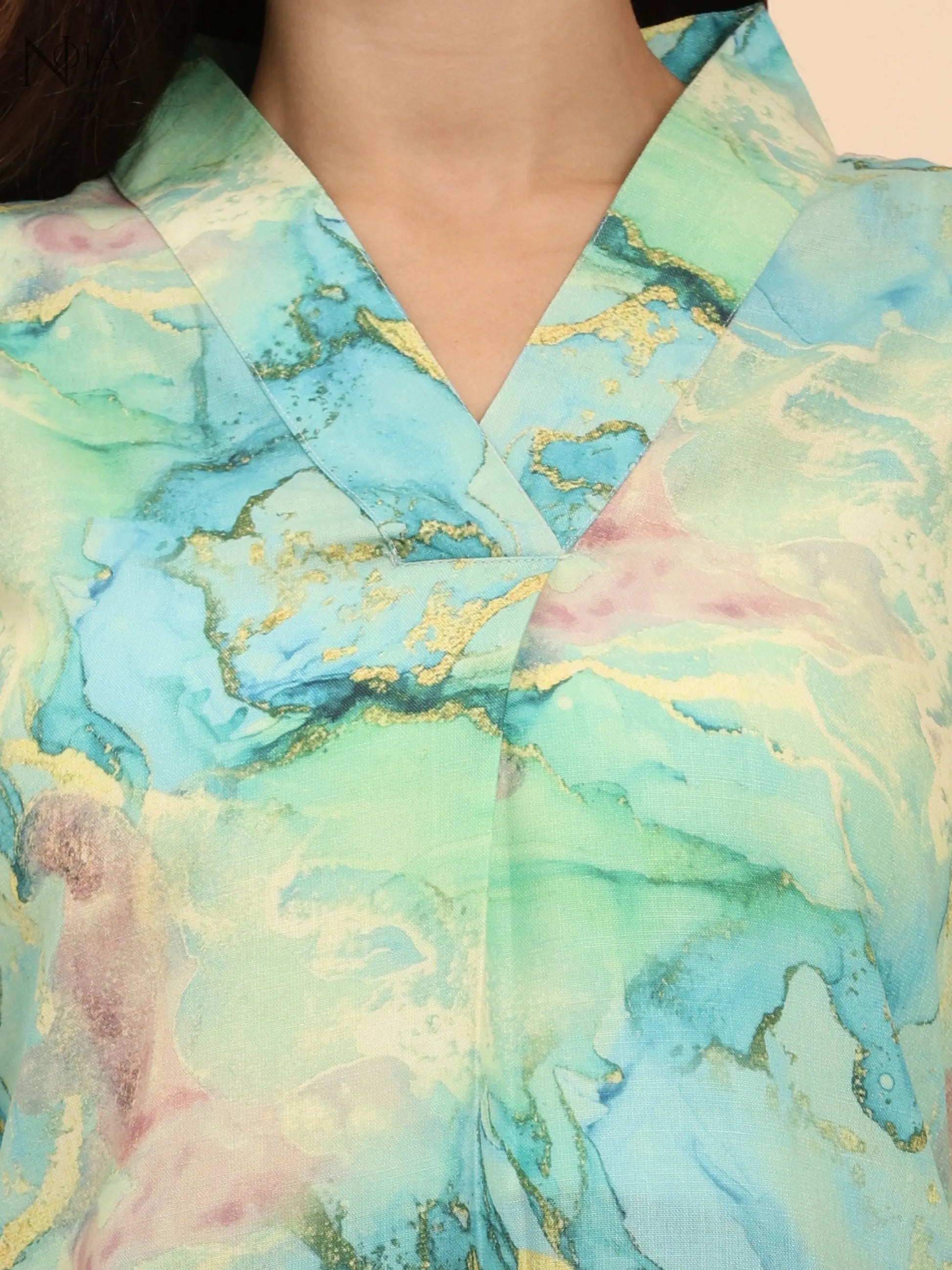Noia Green & Gold Abstract V Necked Top with Trousers Noia