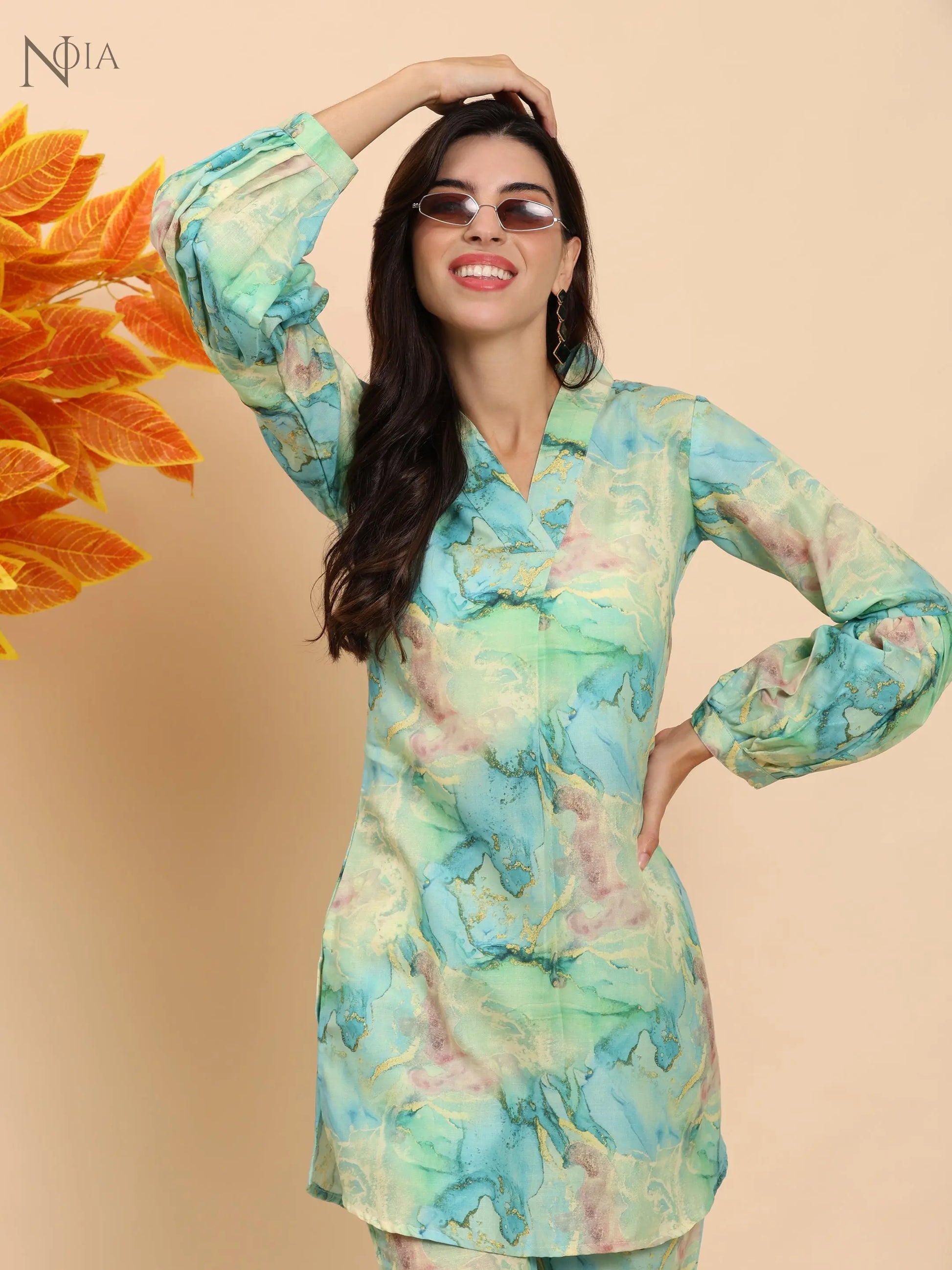 Noia Green & Gold Abstract V Necked Top with Trousers Noia