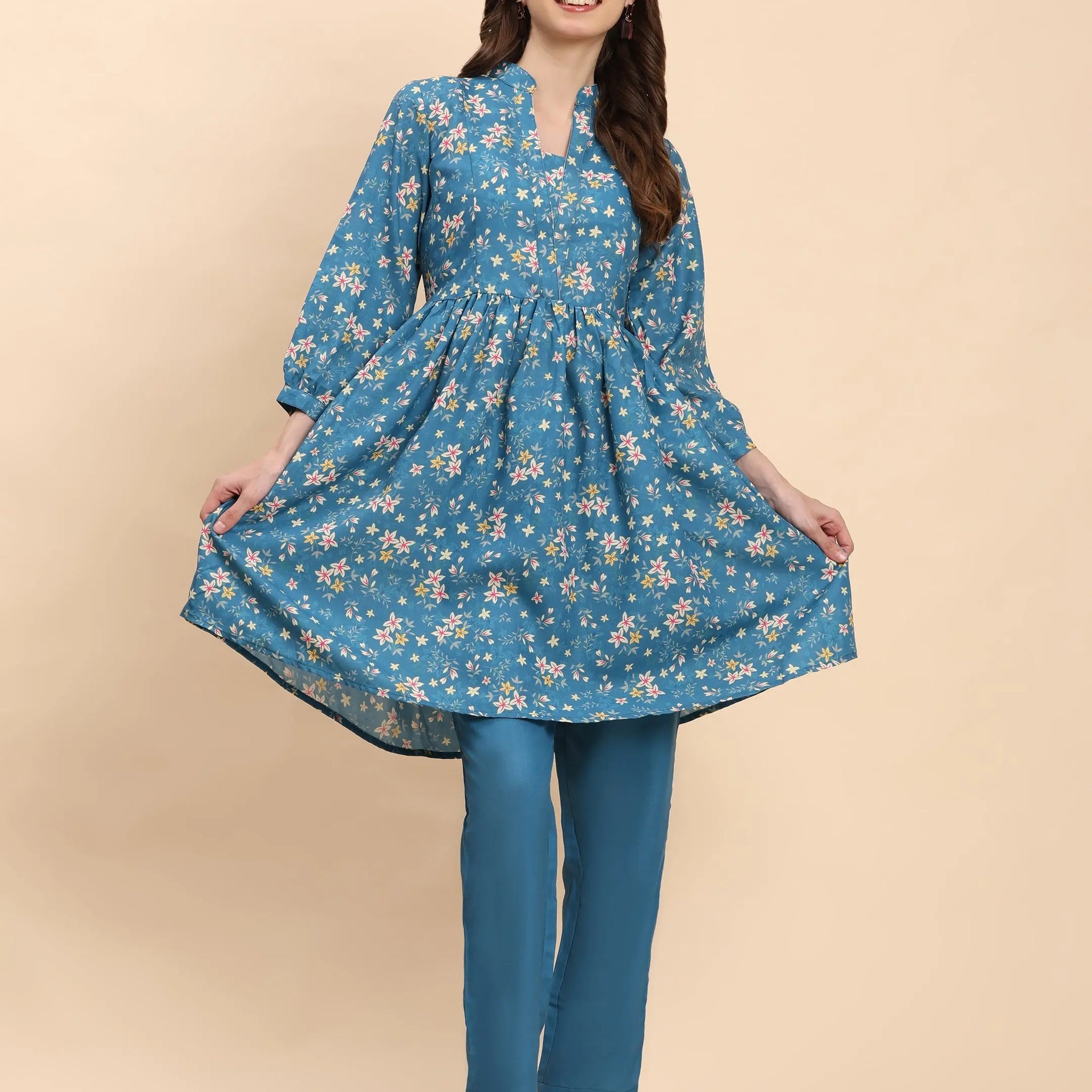 Noia Green & Yellow Floral Ditsy Long Sleeved V-Neck Top with Trousers Noia
