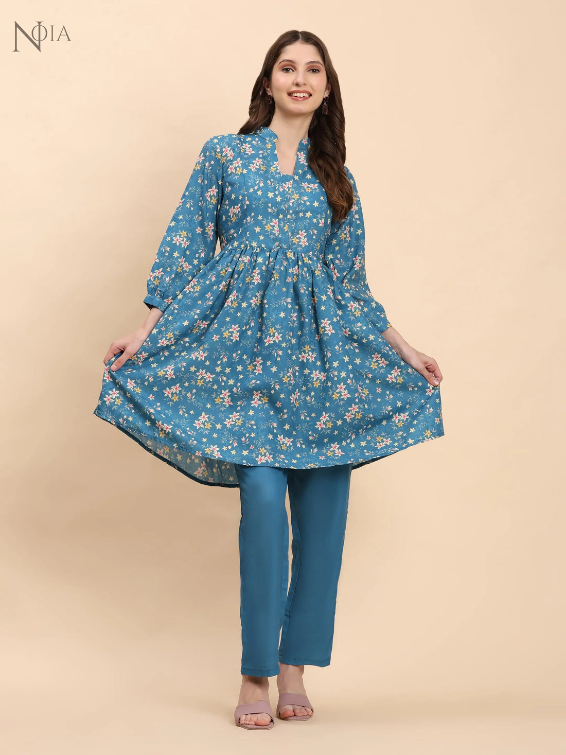 Noia Green & Yellow Floral Ditsy Long Sleeved V-Neck Top with Trousers Noia
