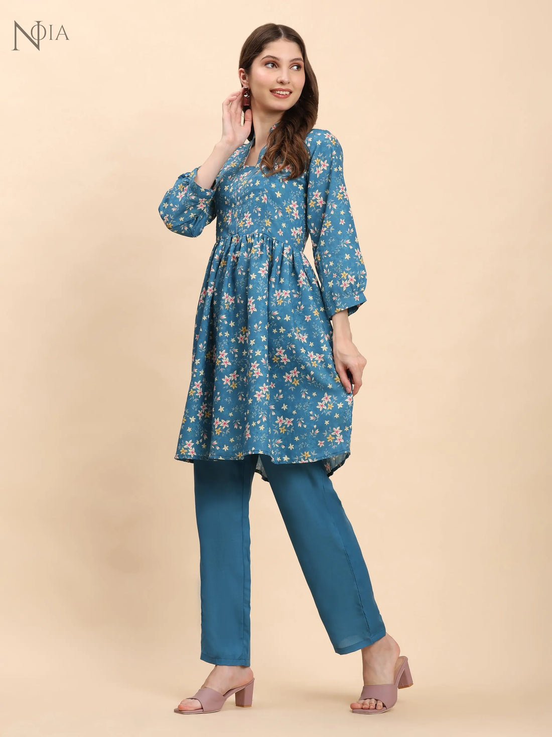 Noia Green & Yellow Floral Ditsy Long Sleeved V-Neck Top with Trousers Noia