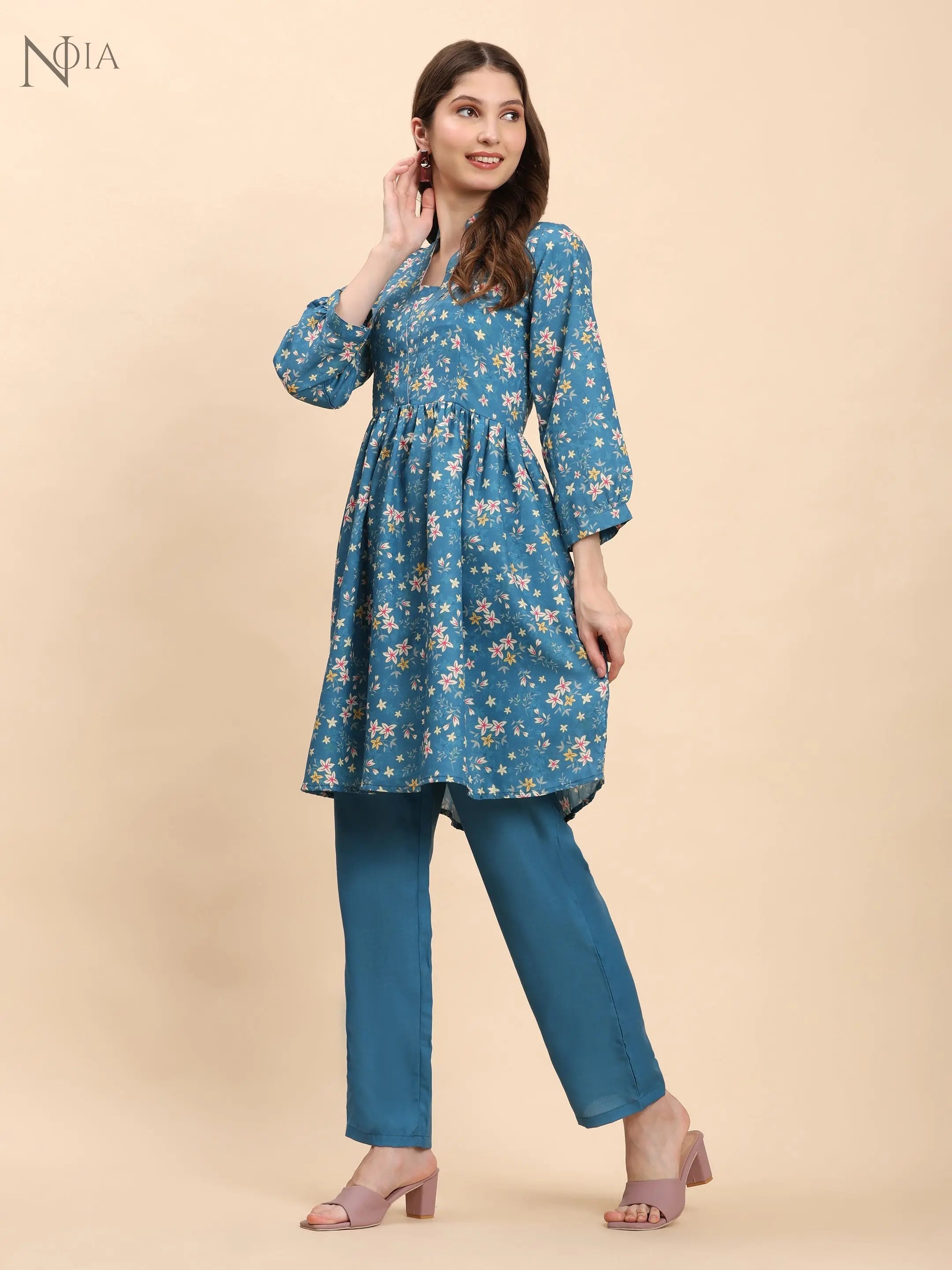 Noia Green & Yellow Floral Ditsy Long Sleeved V-Neck Top with Trousers Noia