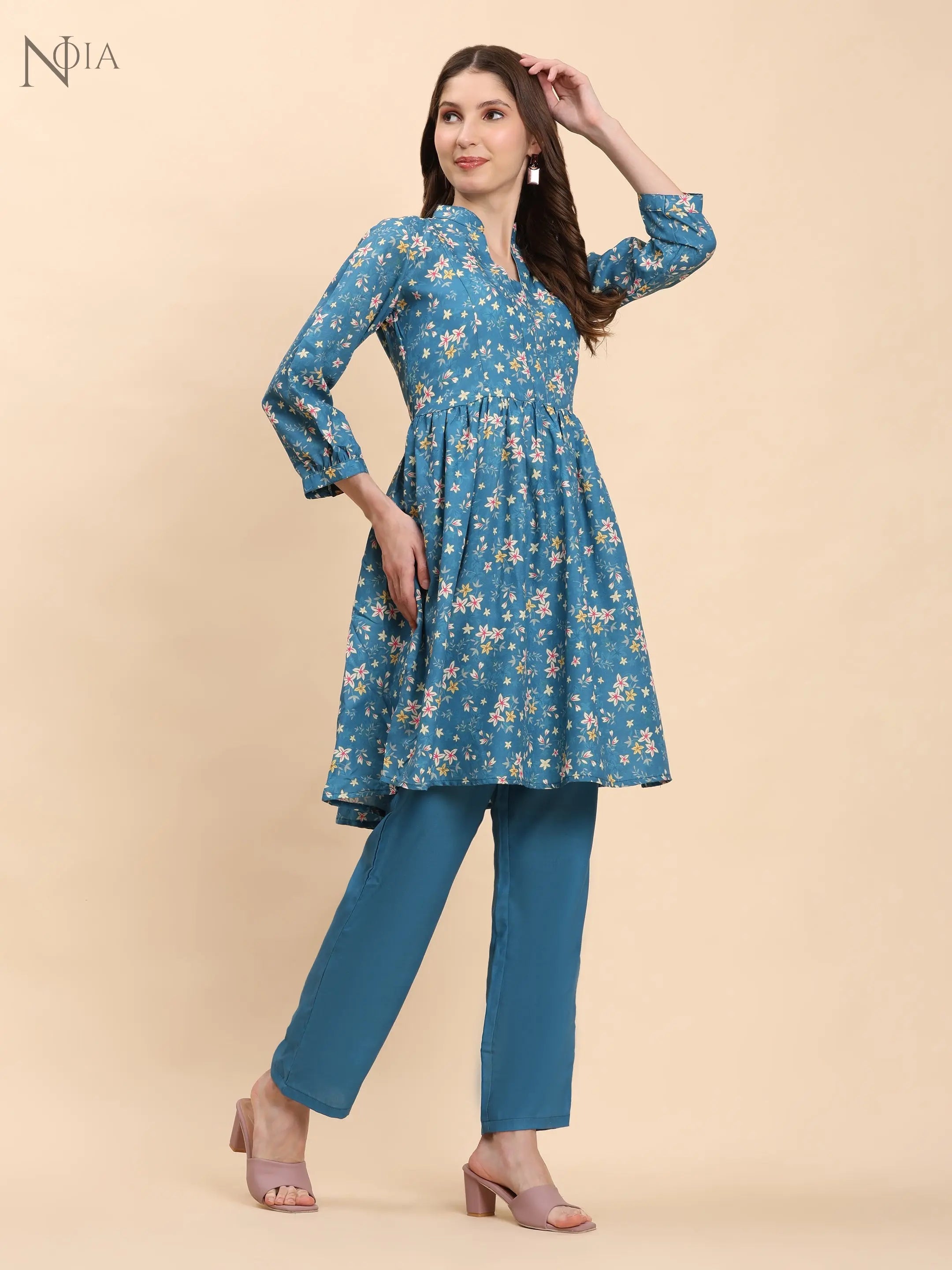 Noia Green & Yellow Floral Ditsy Long Sleeved V-Neck Top with Trousers Noia