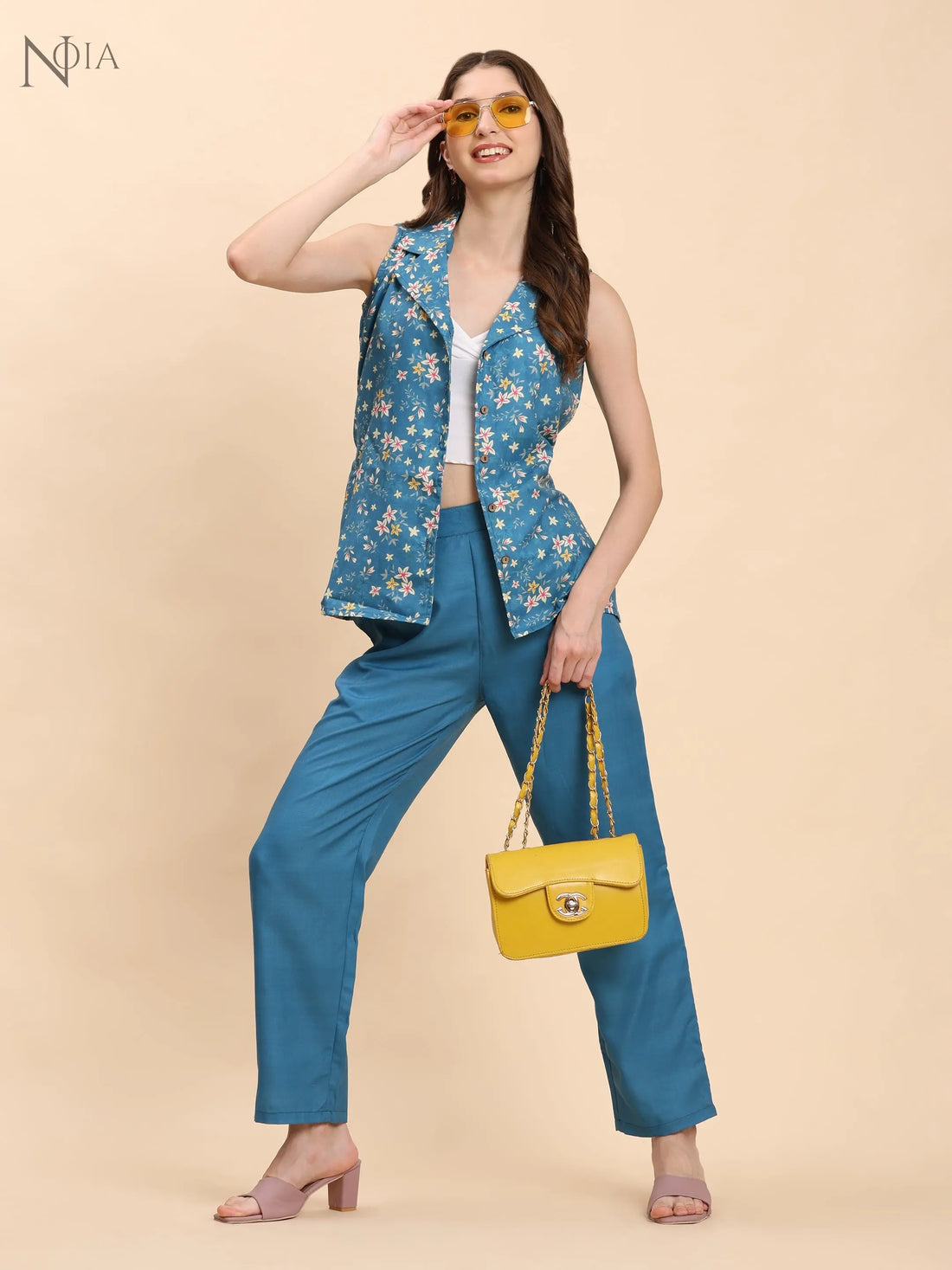 Noia Green & Yellow Floral Ditsy Shawl Collared Top with Trousers Noia