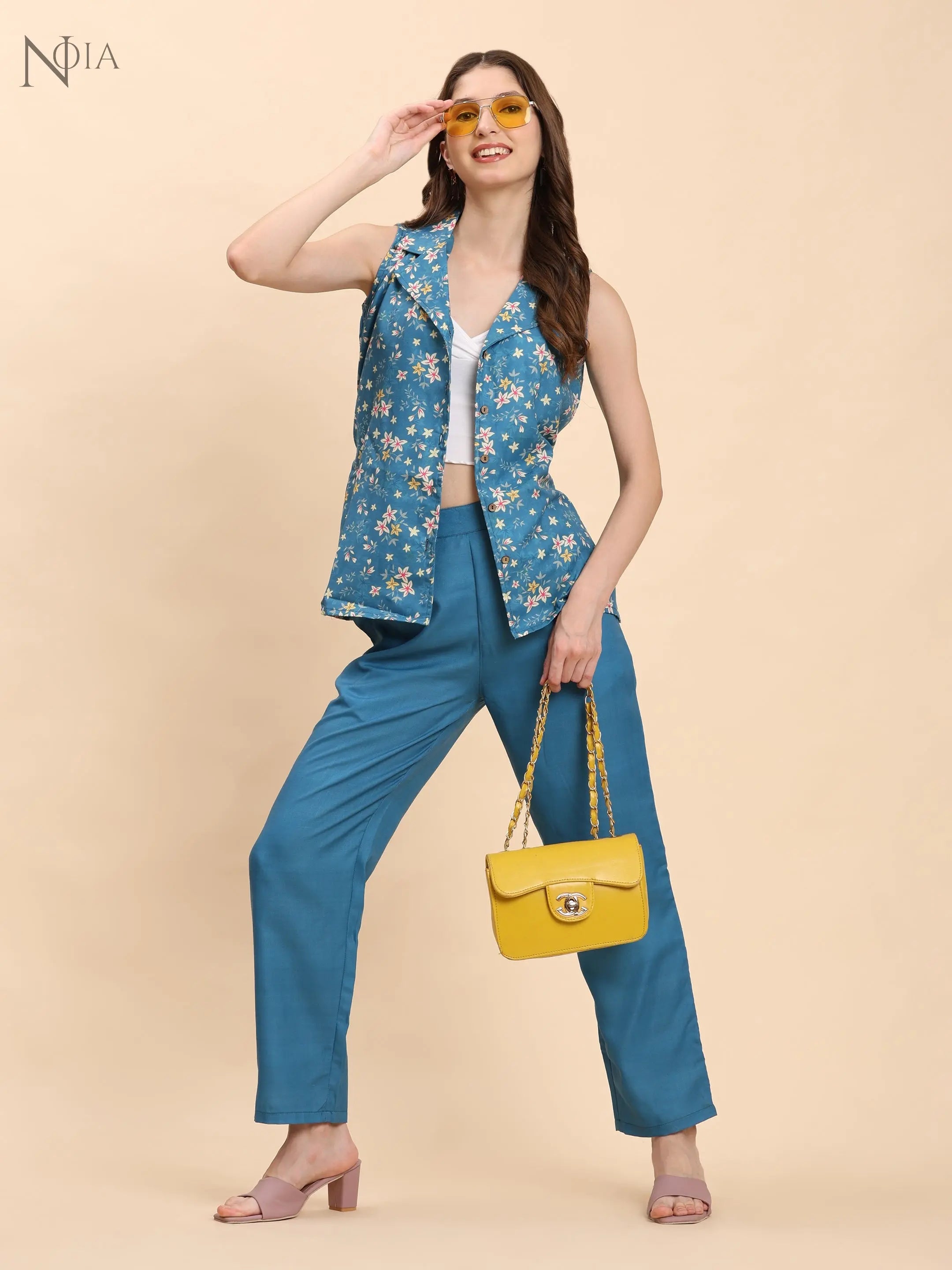 Noia Green & Yellow Floral Ditsy Shawl Collared Top with Trousers Noia