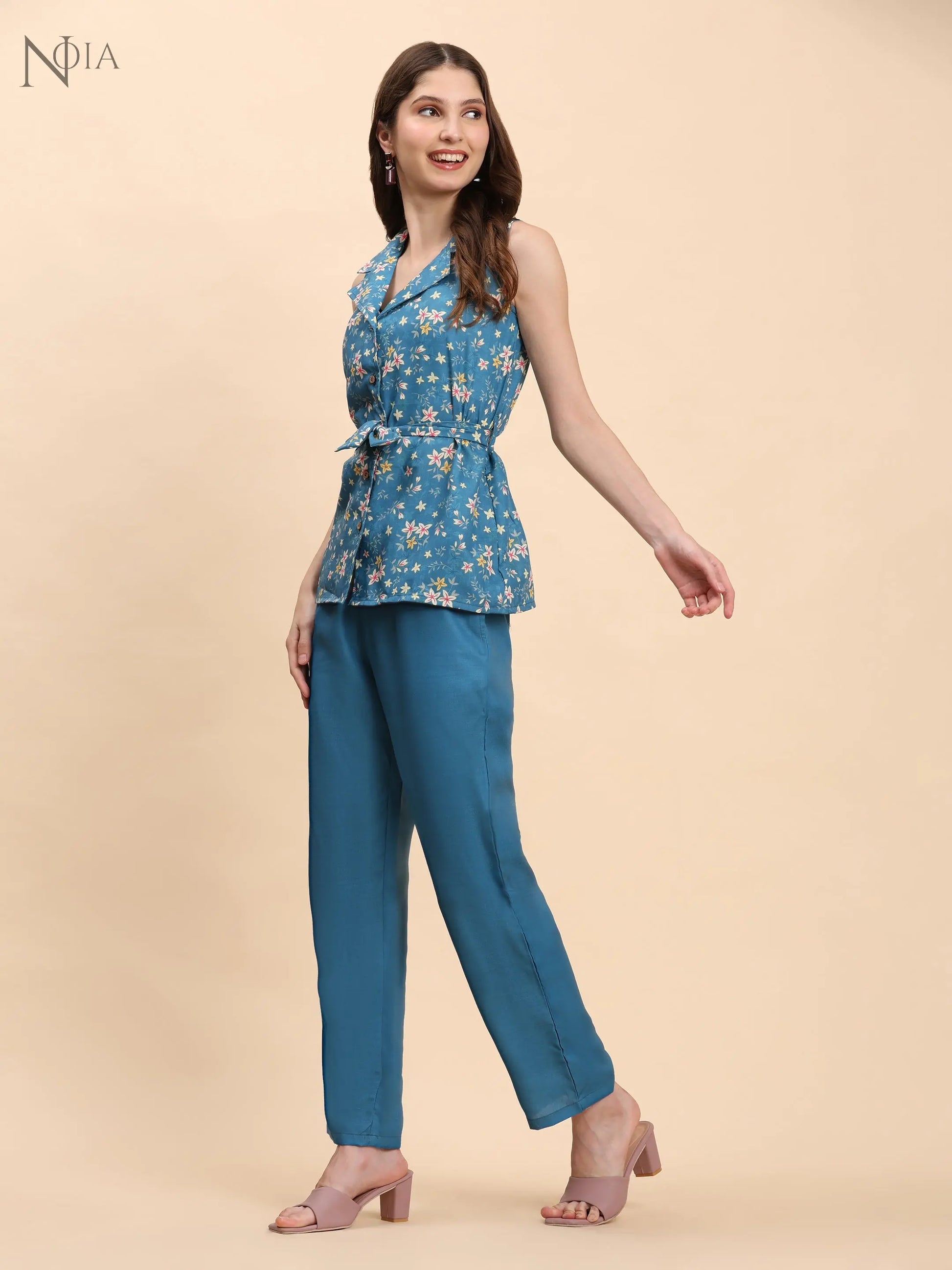 Noia Green & Yellow Floral Ditsy Shawl Collared Top with Trousers Noia