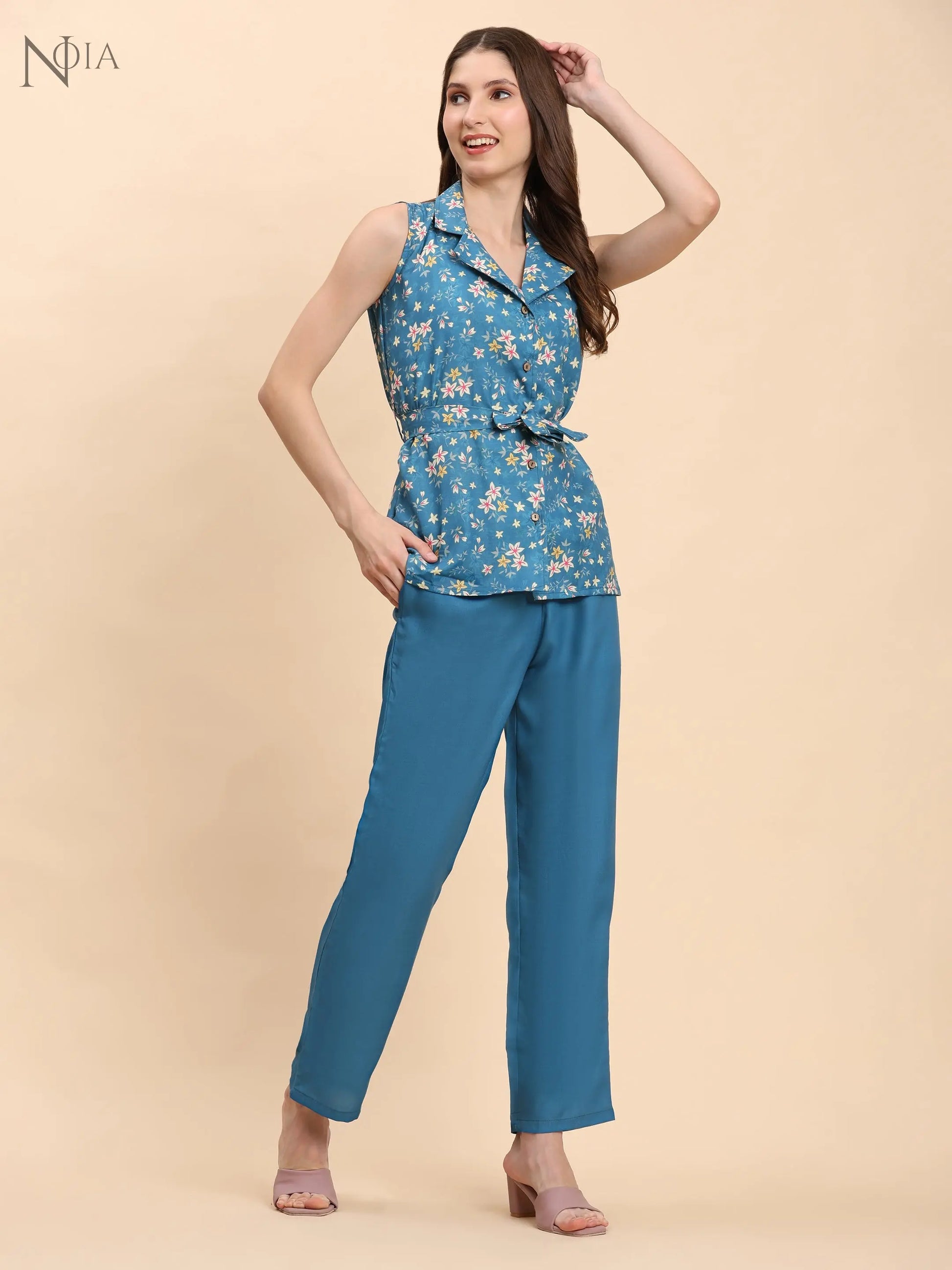 Noia Green & Yellow Floral Ditsy Shawl Collared Top with Trousers Noia