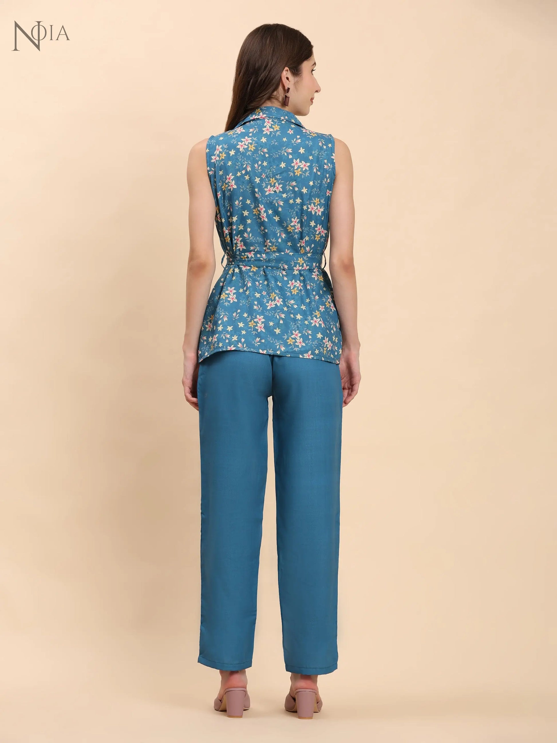 Noia Green & Yellow Floral Ditsy Shawl Collared Top with Trousers Noia