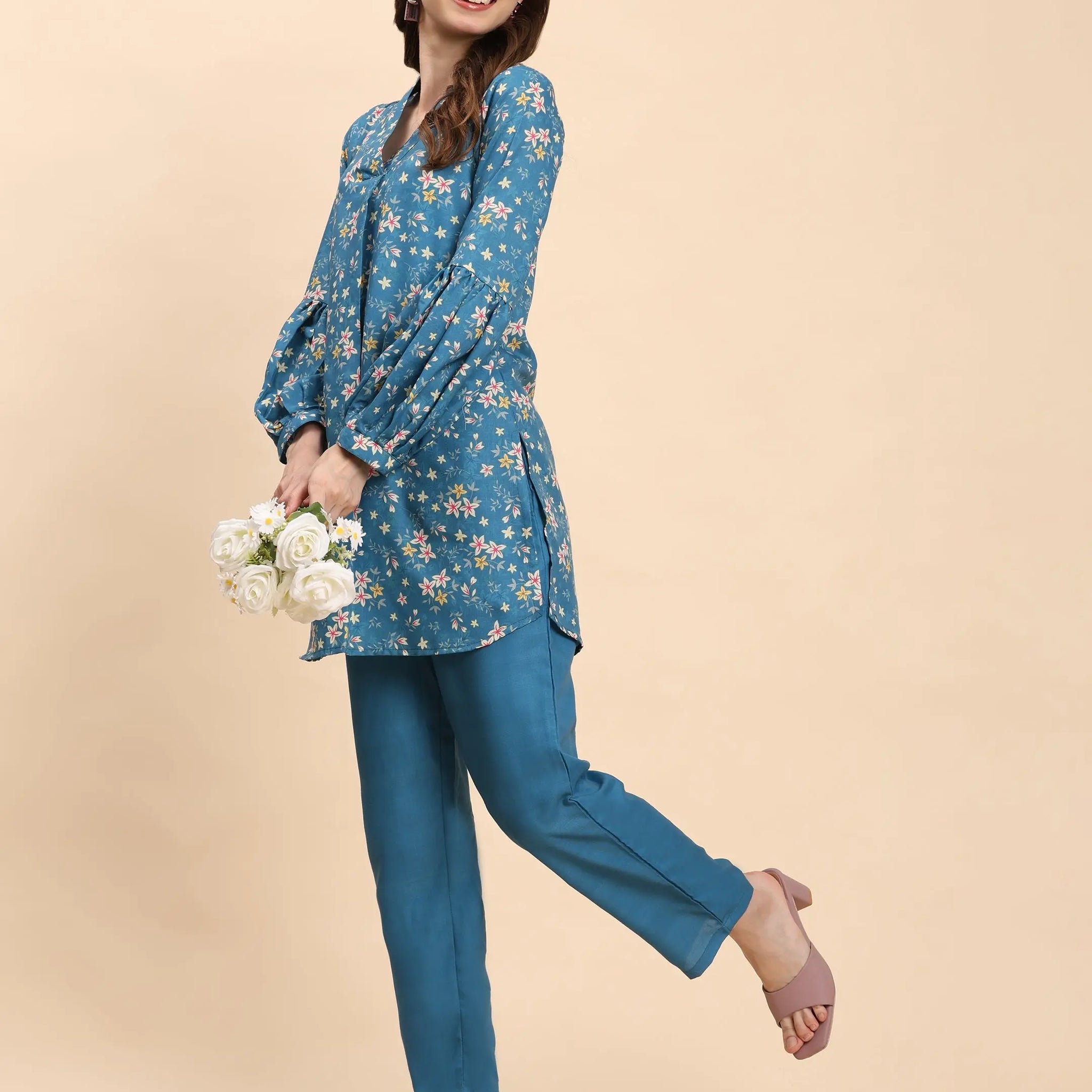 Noia Green & Yellow Floral Ditsy V Necked Top with Trousers Noia