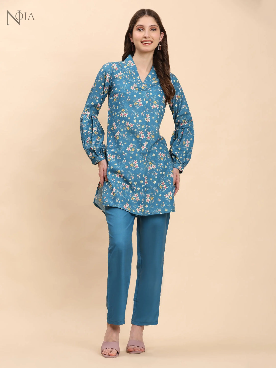 Noia Green & Yellow Floral Ditsy V Necked Top with Trousers Noia