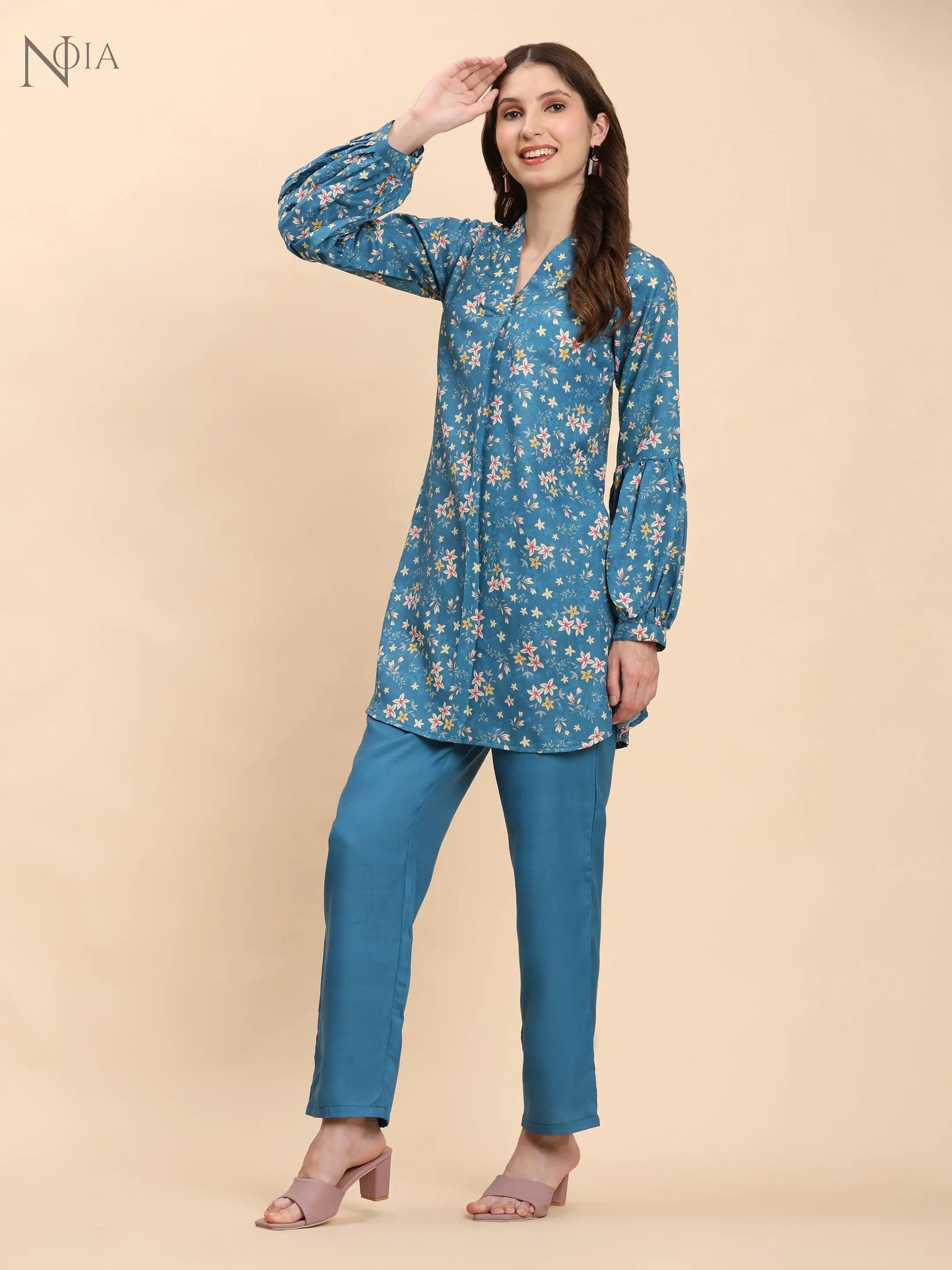 Noia Green & Yellow Floral Ditsy V Necked Top with Trousers Noia