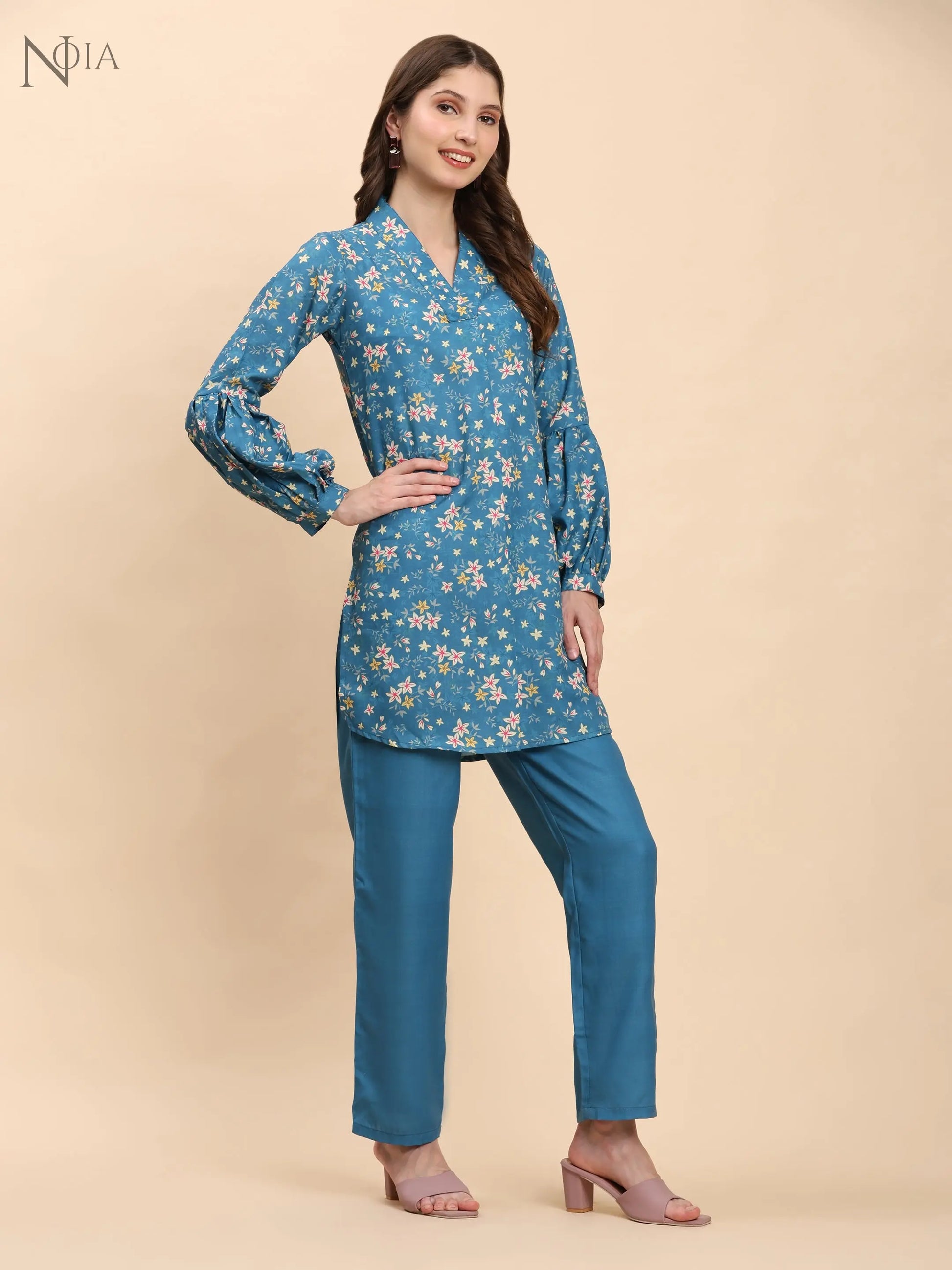Noia Green & Yellow Floral Ditsy V Necked Top with Trousers Noia