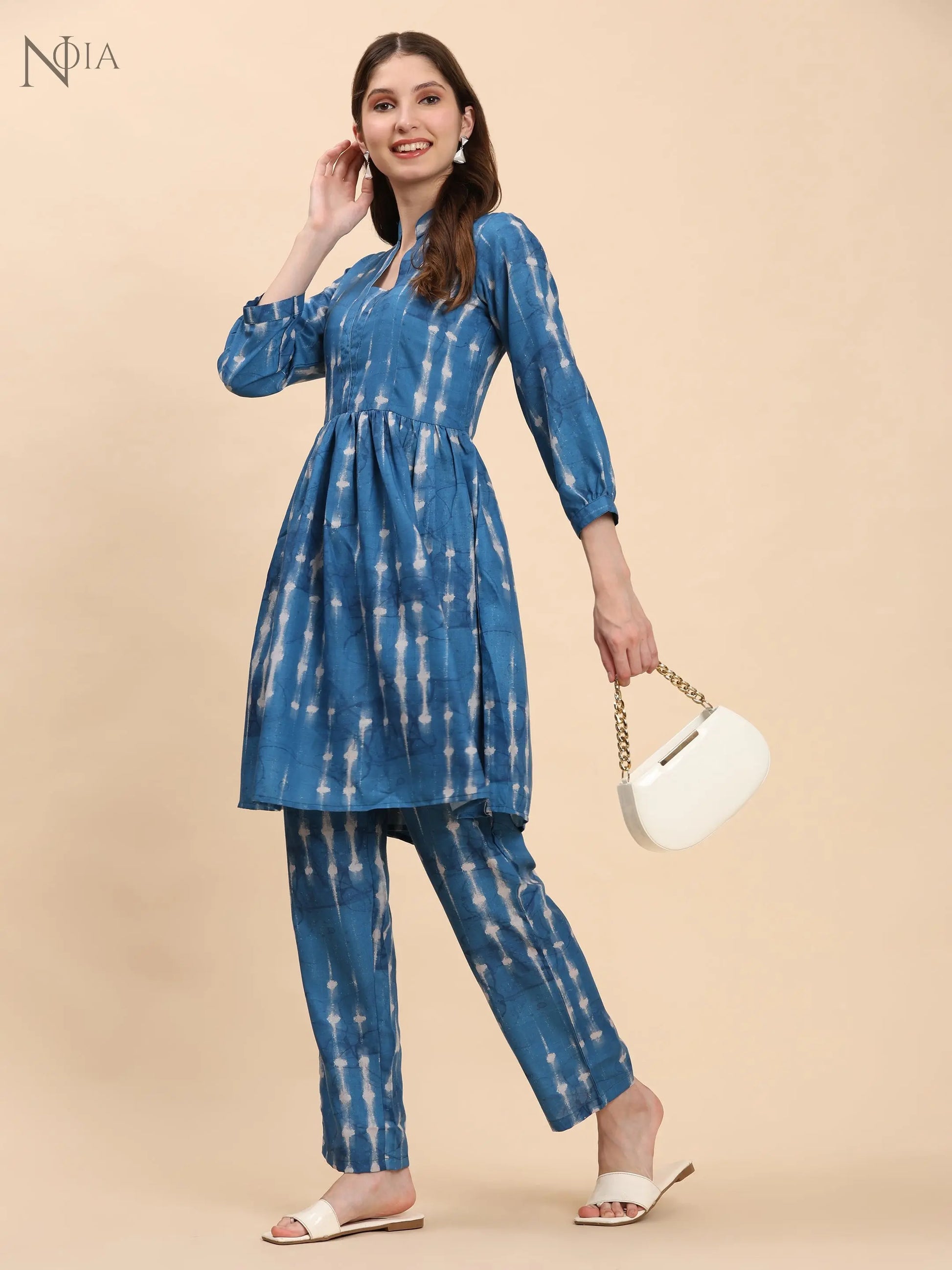 Noia Indigo Long Sleeved V-Neck Top with Trousers Noia