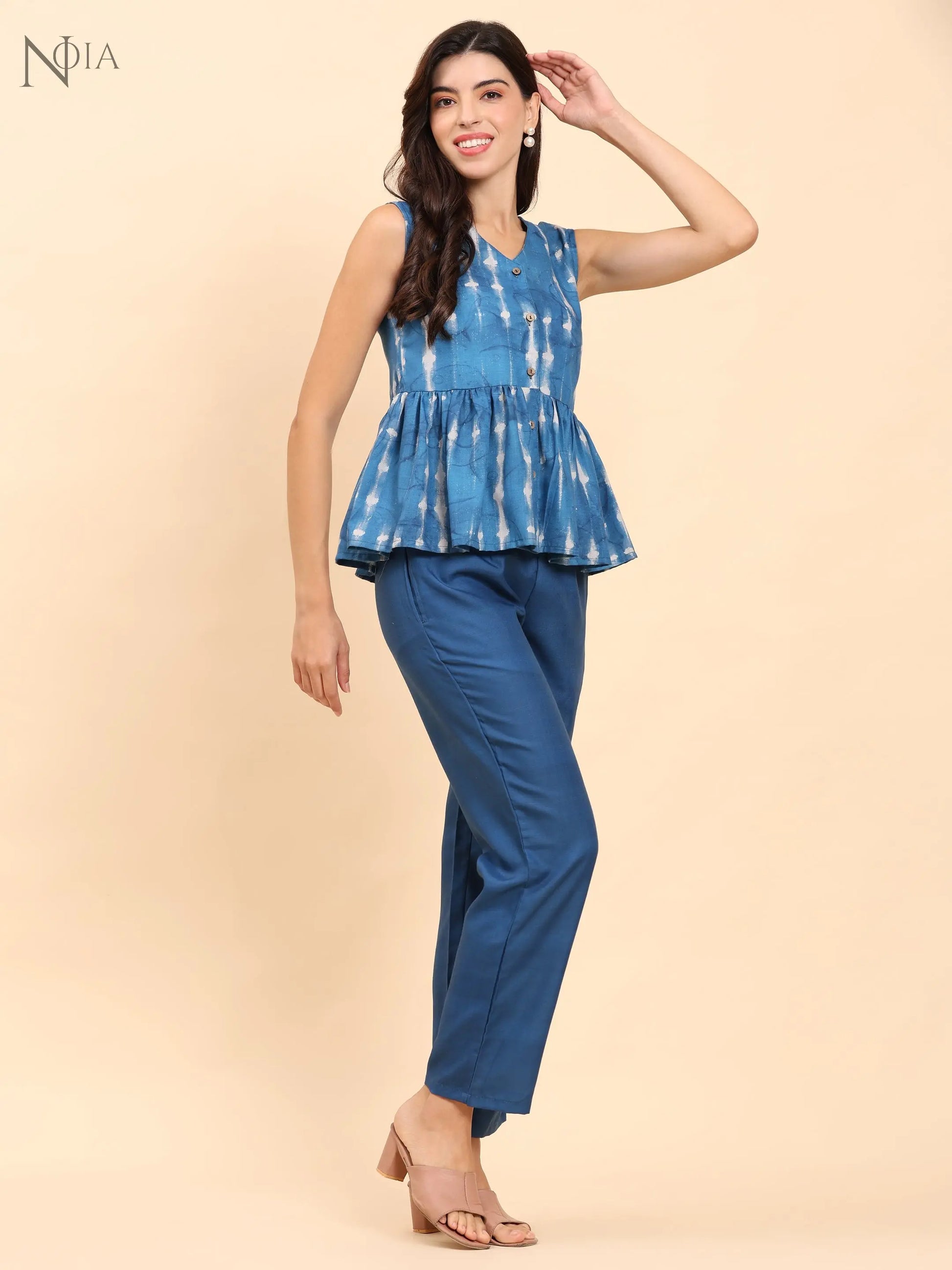 Noia Indigo Sleeveless Peplum Top with Trousers Noia
