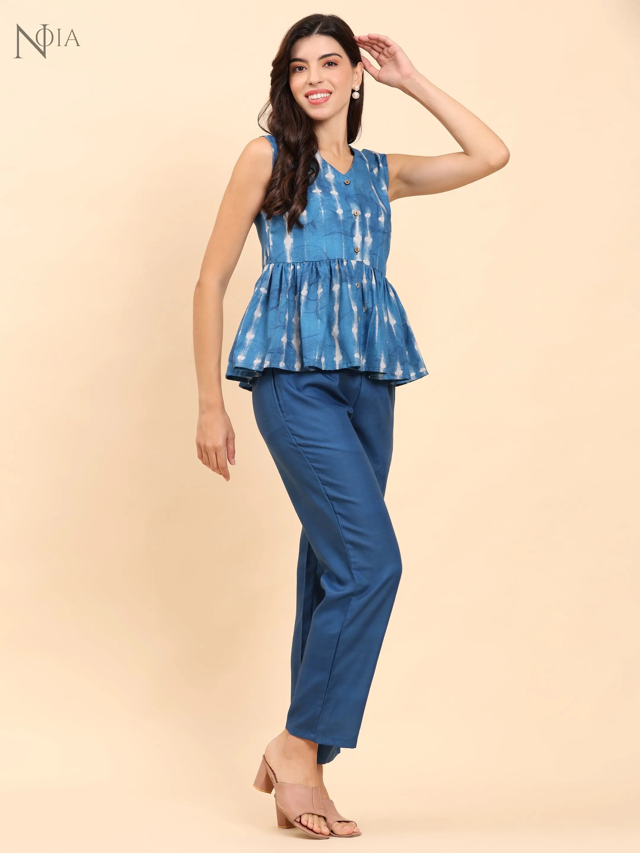 Noia Indigo Sleeveless Peplum Top with Trousers Noia