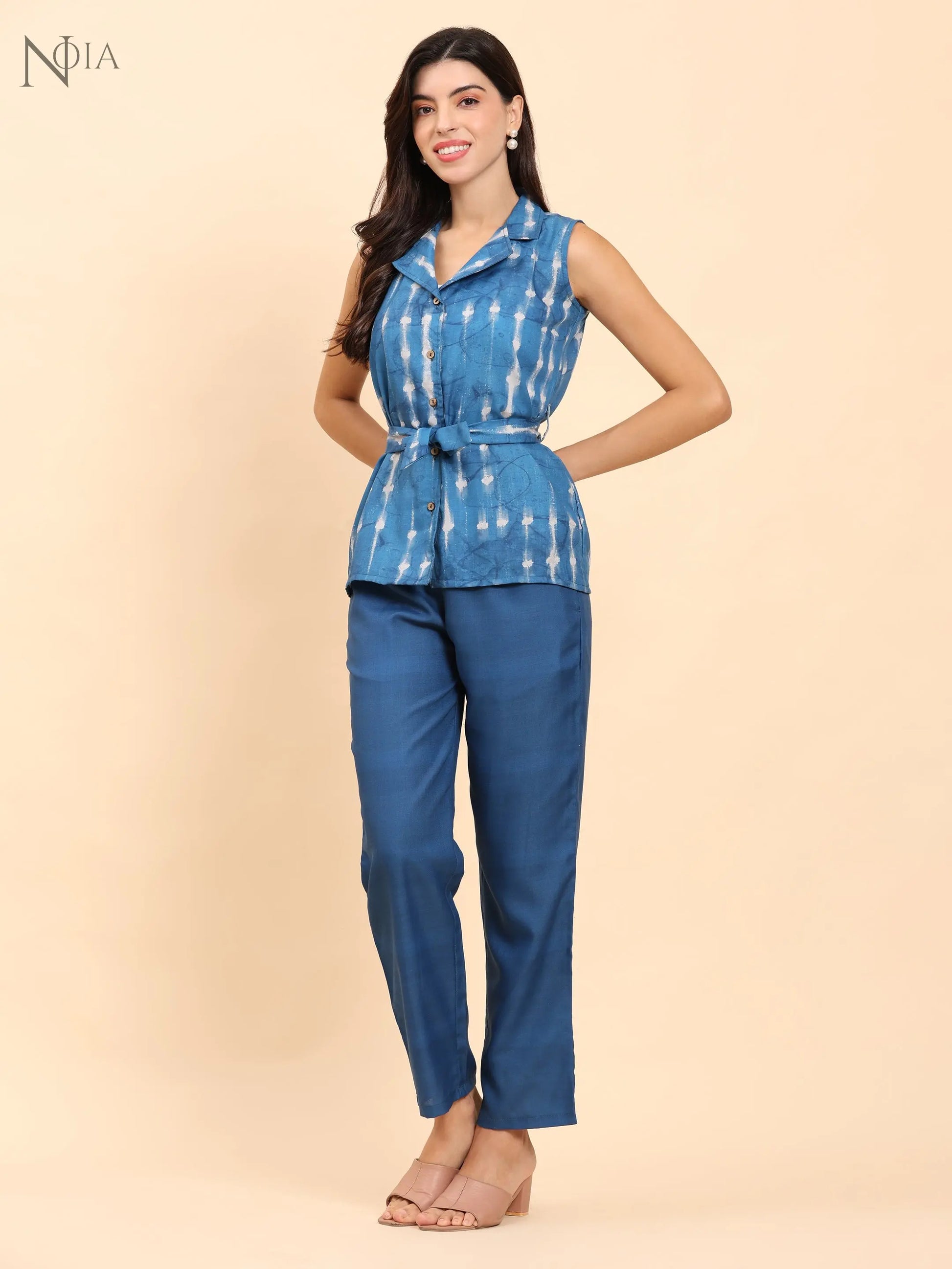 Noia Indigo Sleeveless Shawl Collared Top with Trousers Noia