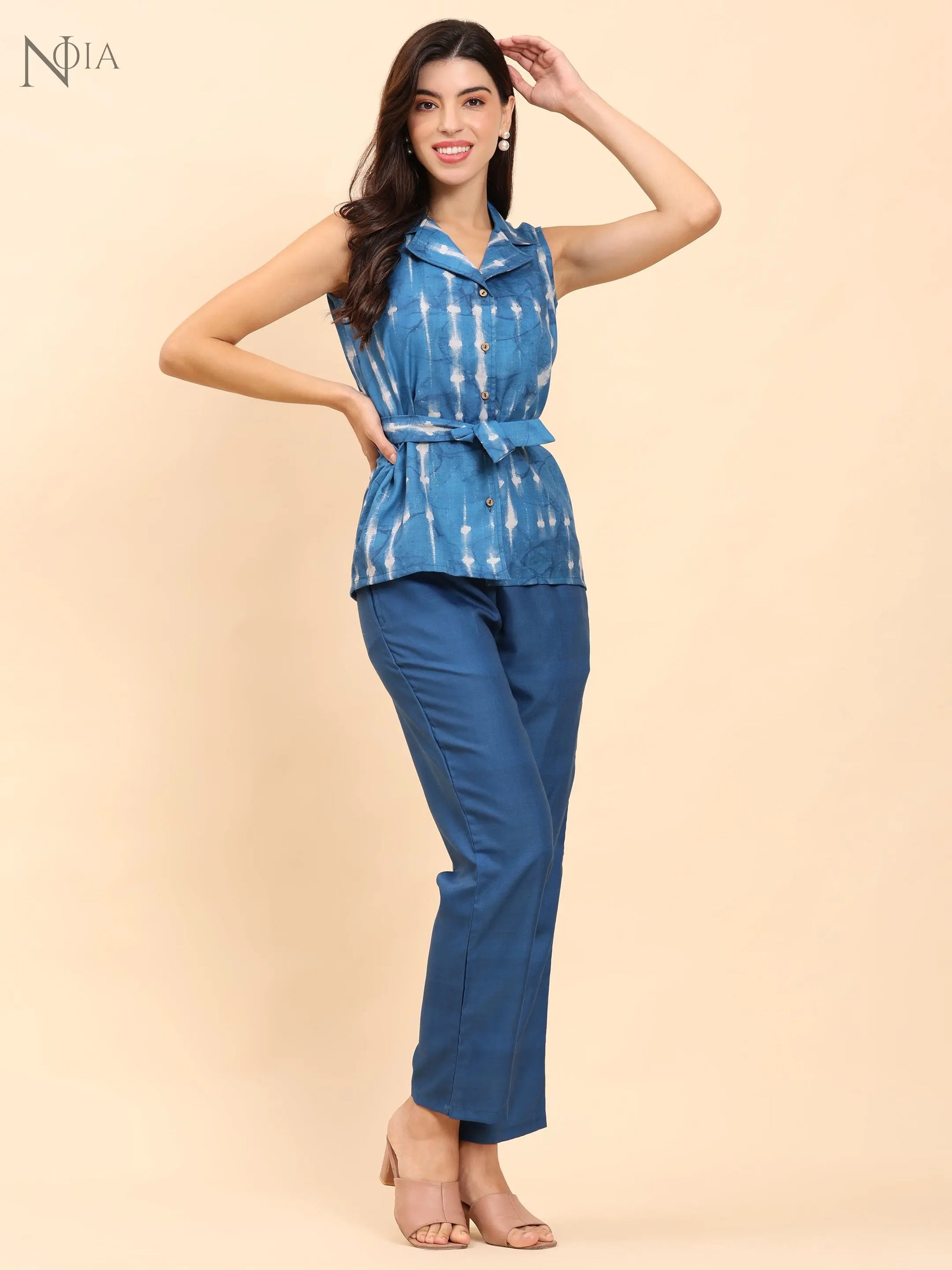 Noia Indigo Sleeveless Shawl Collared Top with Trousers Noia