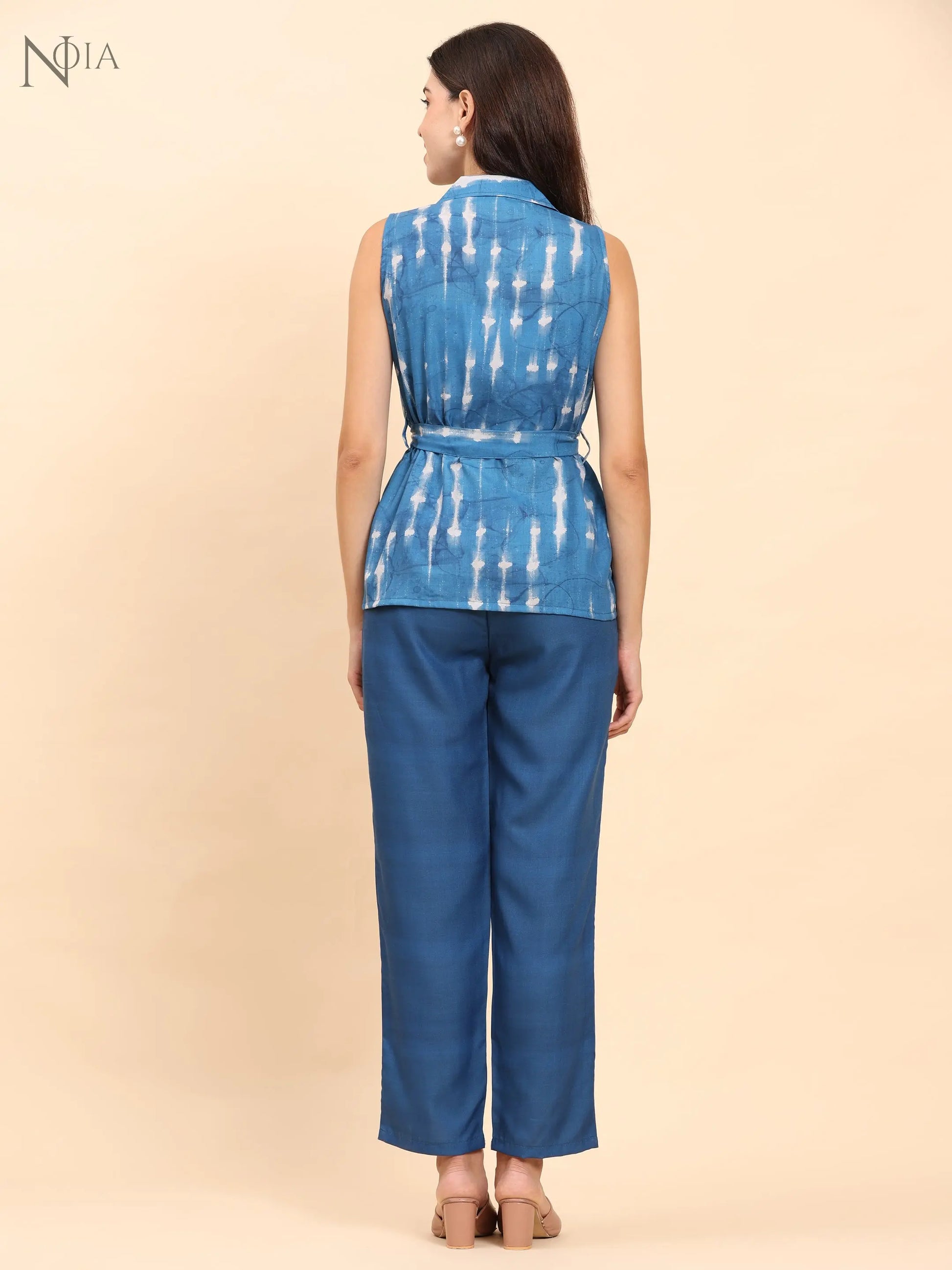 Noia Indigo Sleeveless Shawl Collared Top with Trousers Noia