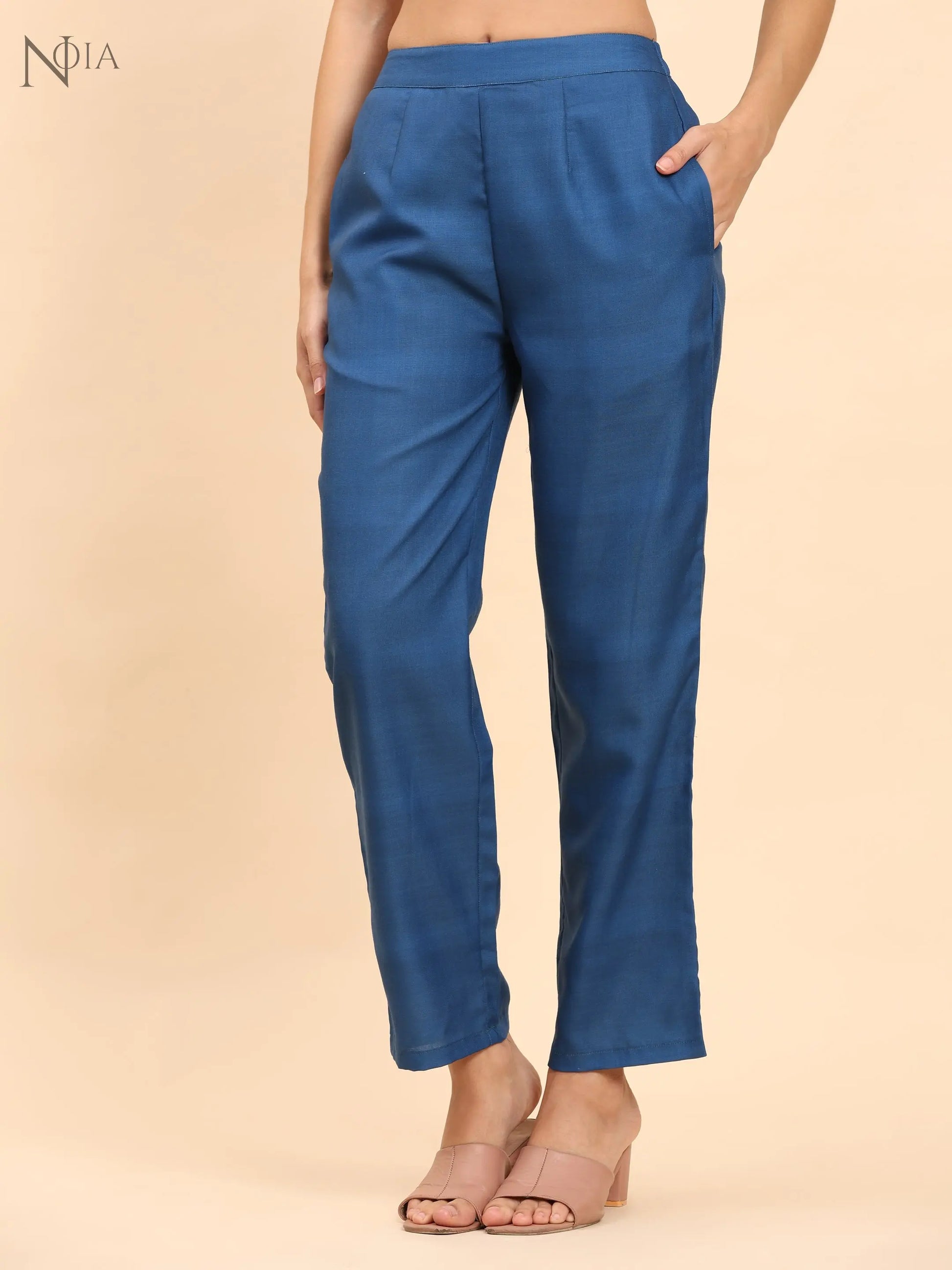 Noia Indigo Sleeveless Shawl Collared Top with Trousers Noia