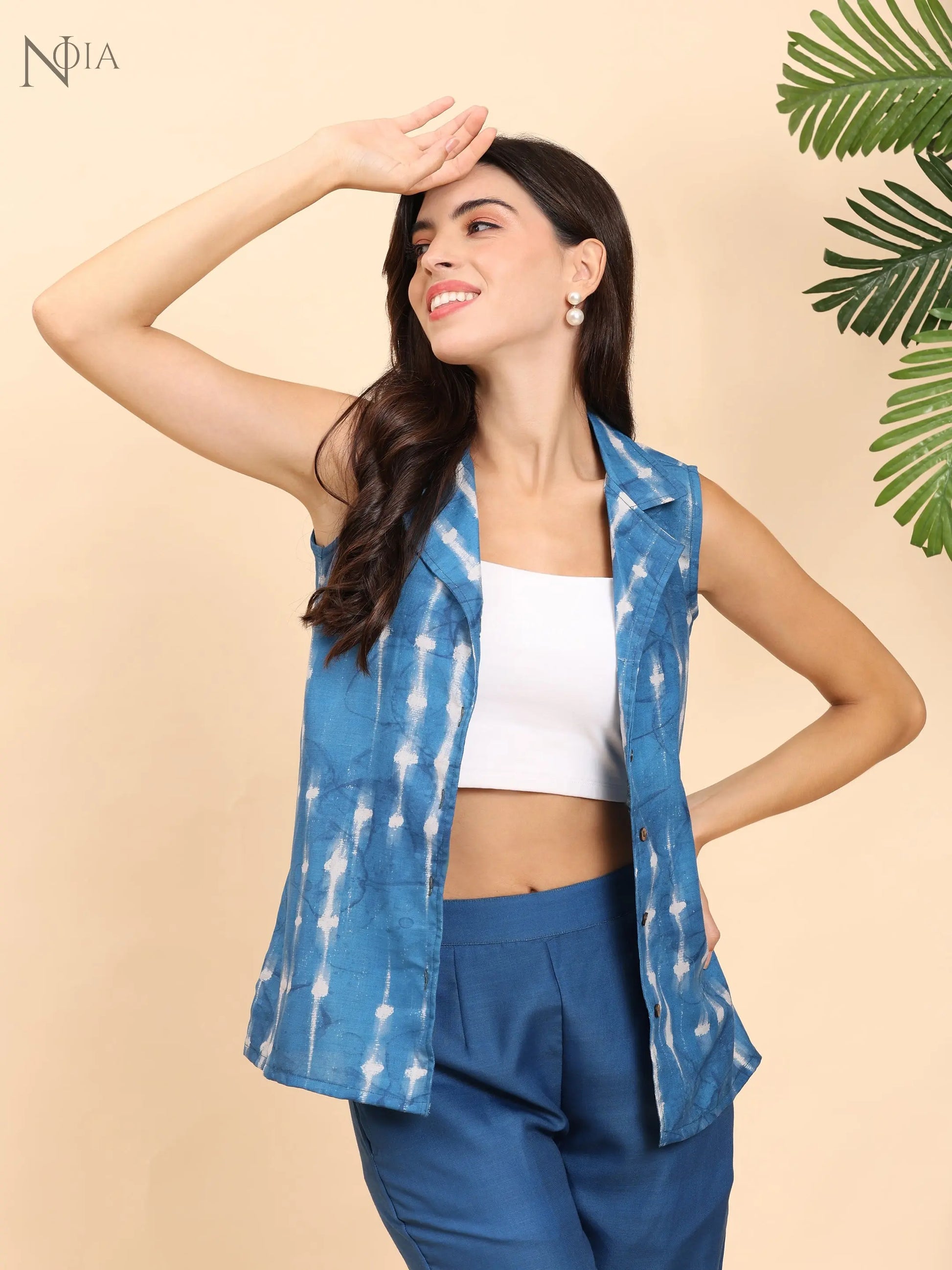 Noia Indigo Sleeveless Shawl Collared Top with Trousers Noia