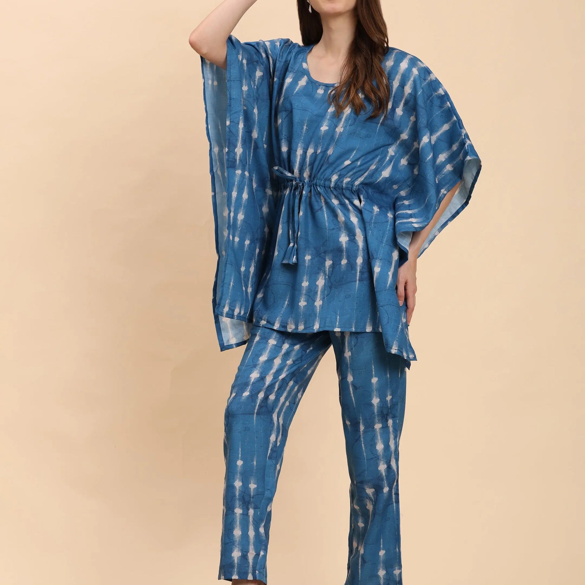Noia Indigo & White Shibori Kaftan Top with Trousers – Women’s Co-Ord Set Noia