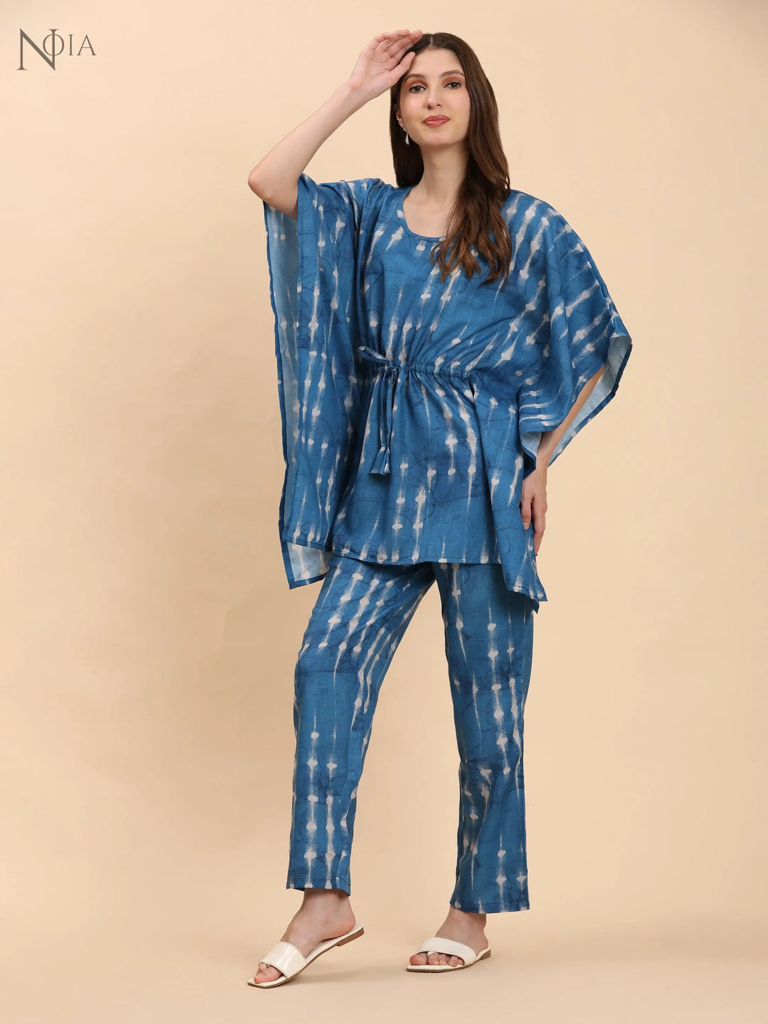 Noia Indigo & White Shibori Kaftan Top with Trousers – Women’s Co-Ord Set Noia