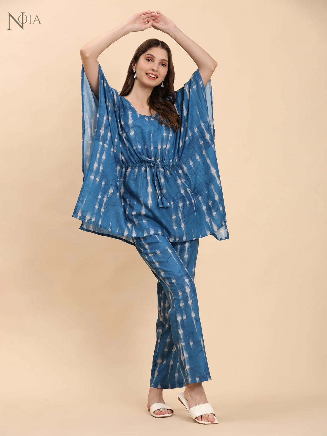 Noia Indigo & White Shibori Kaftan Top with Trousers – Women’s Co-Ord Set Noia