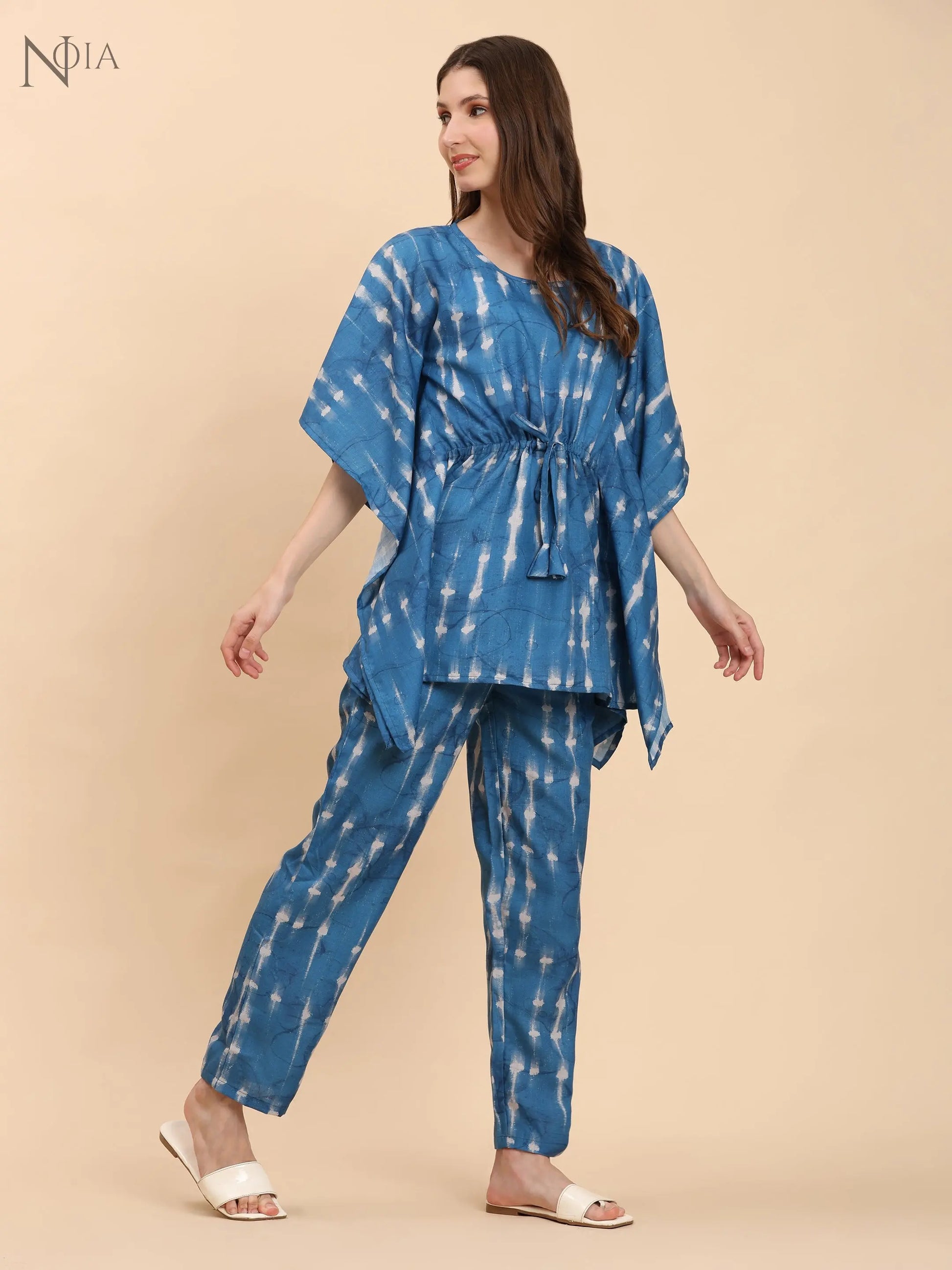 Noia Indigo & White Shibori Kaftan Top with Trousers – Women’s Co-Ord Set Noia