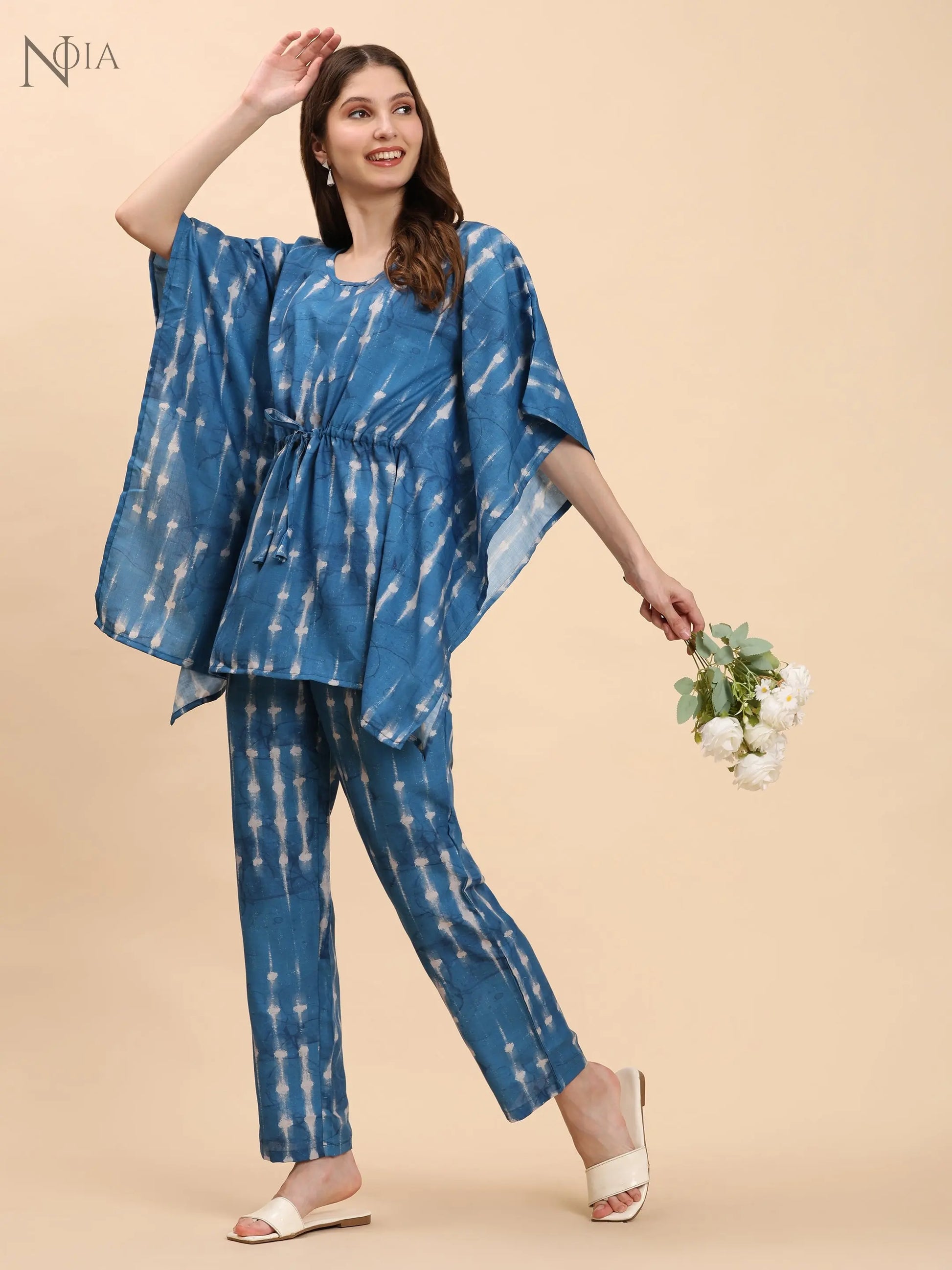 Noia Indigo & White Shibori Kaftan Top with Trousers – Women’s Co-Ord Set Noia