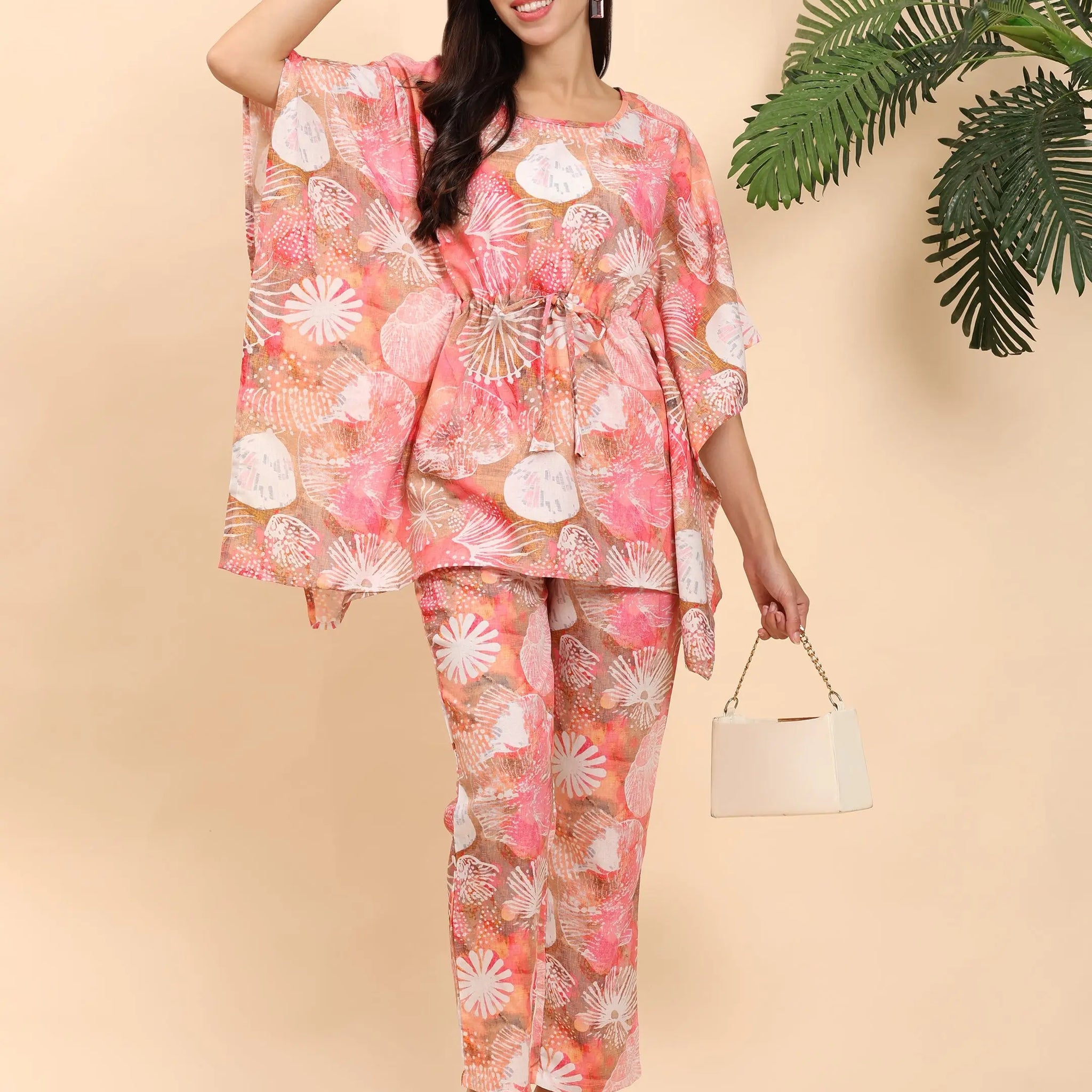 Noia Pink Multi Abstract Kaftan Top with Trousers Noia