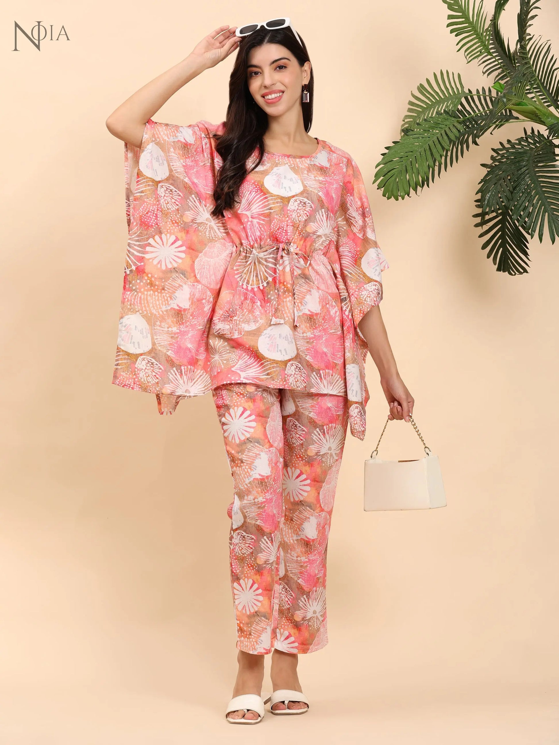 Noia Pink Multi Abstract Kaftan Top with Trousers Noia