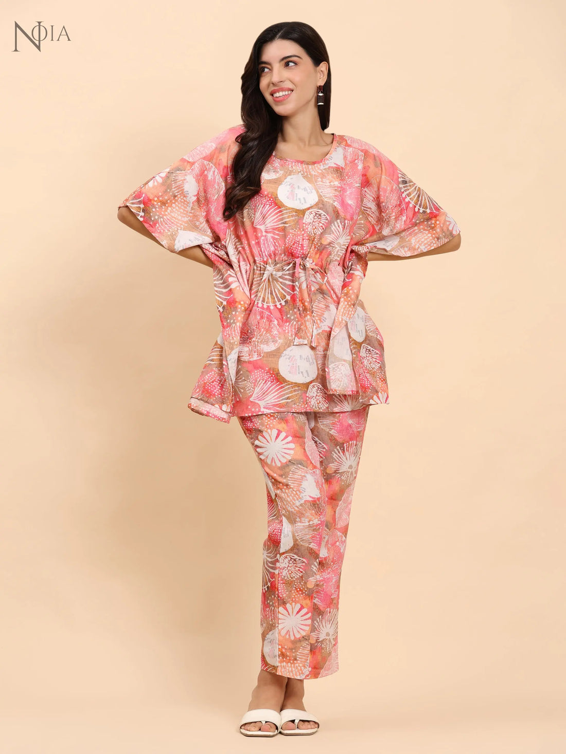 Noia Pink Multi Abstract Kaftan Top with Trousers Noia