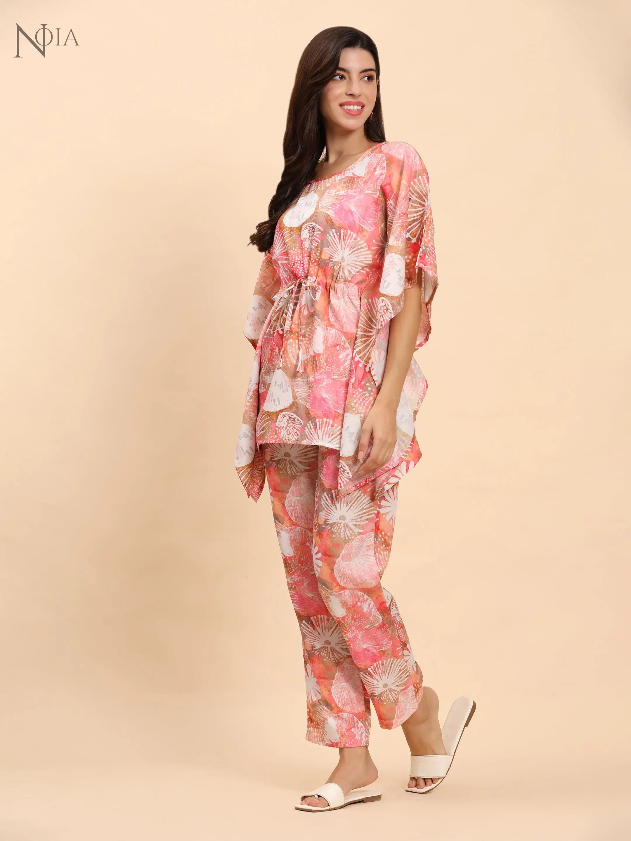 Noia Pink Multi Abstract Kaftan Top with Trousers Noia