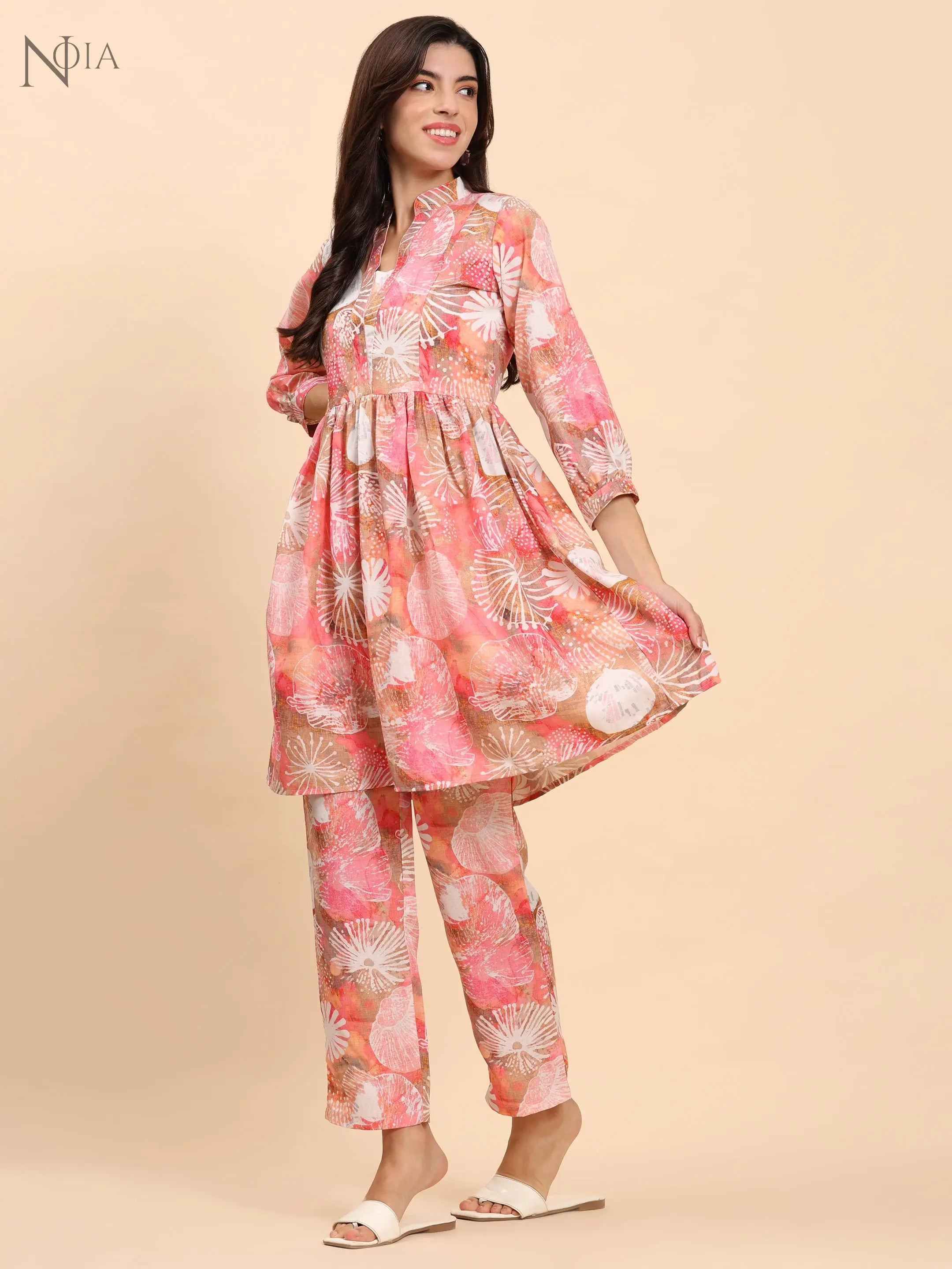 Noia Pink Multi Abstract Long Sleeved V-Neck Top with Trousers Noia