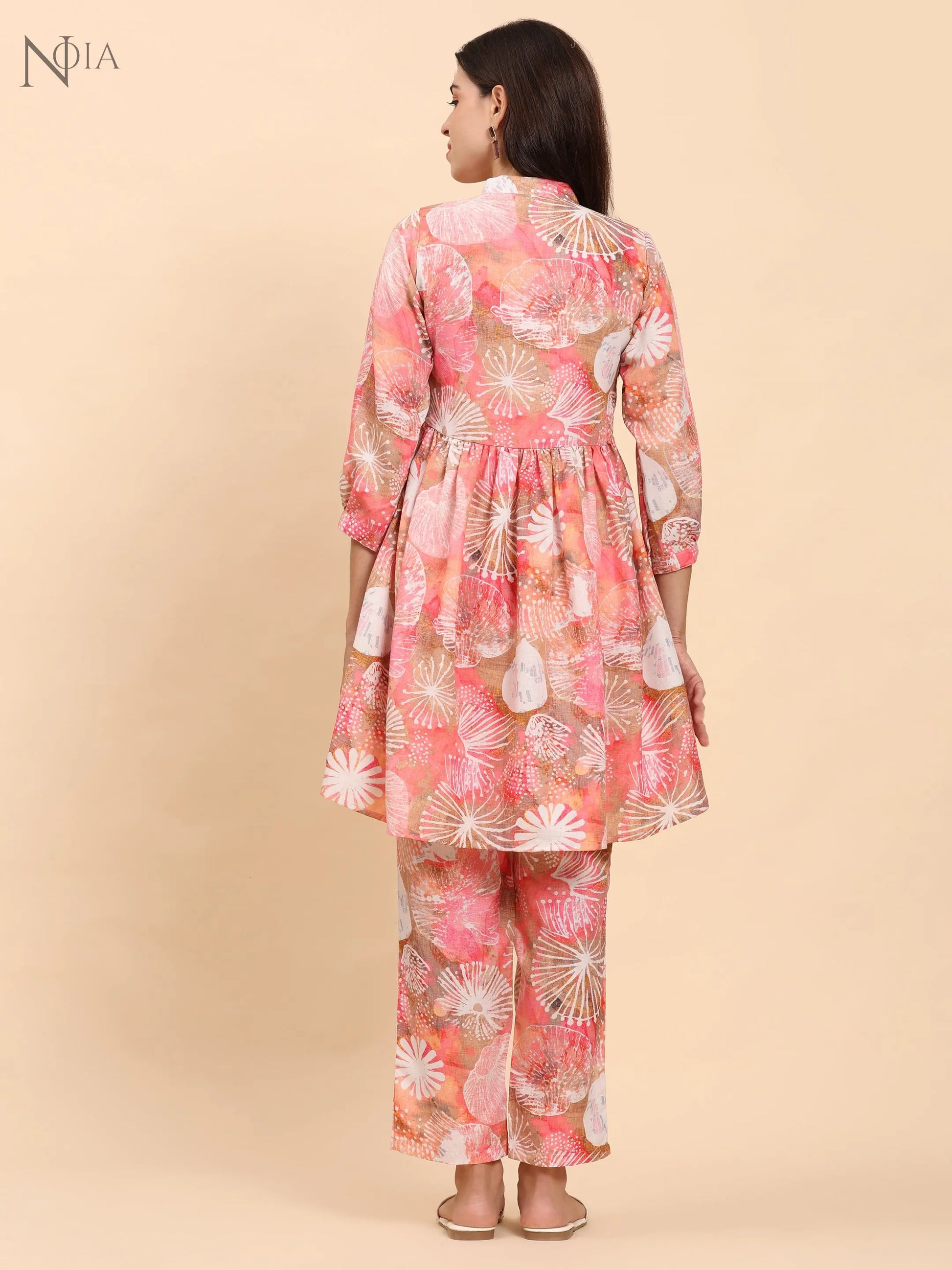 Noia Pink Multi Abstract Long Sleeved V-Neck Top with Trousers Noia