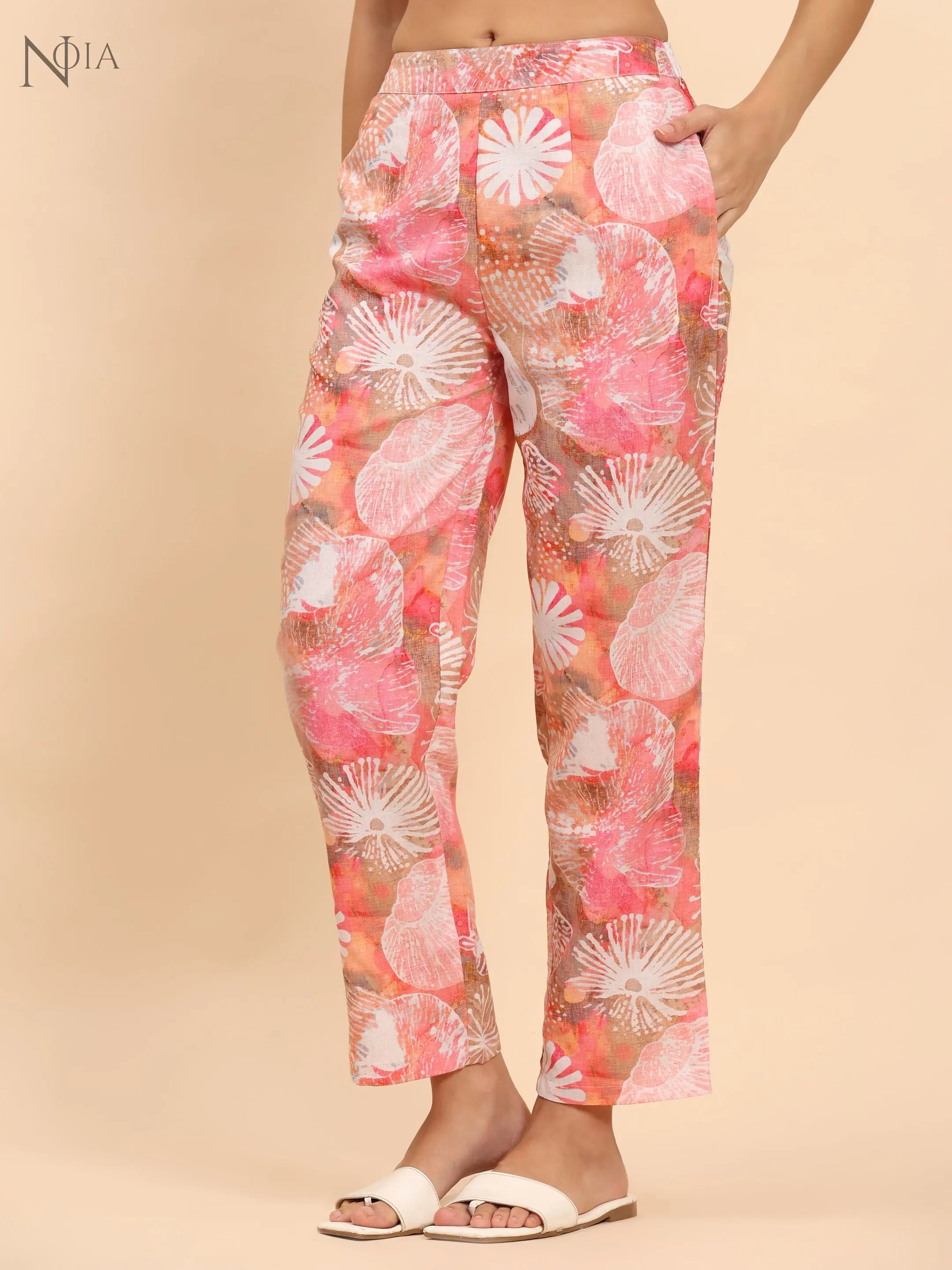 Noia Pink Multi Abstract Long Sleeved V-Neck Top with Trousers Noia