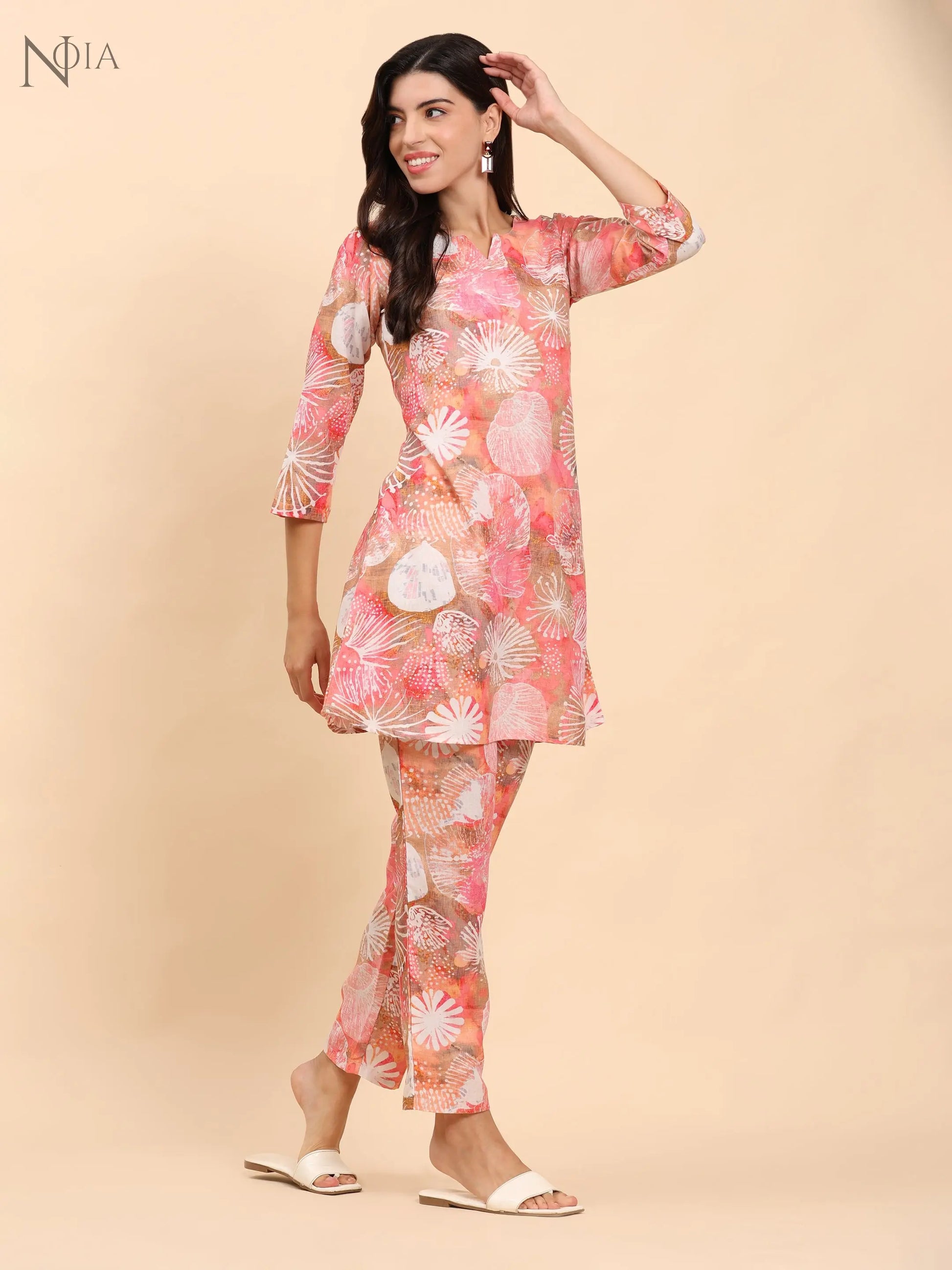 Noia Pink Multi Abstract Round Neck Top with Trousers Noia