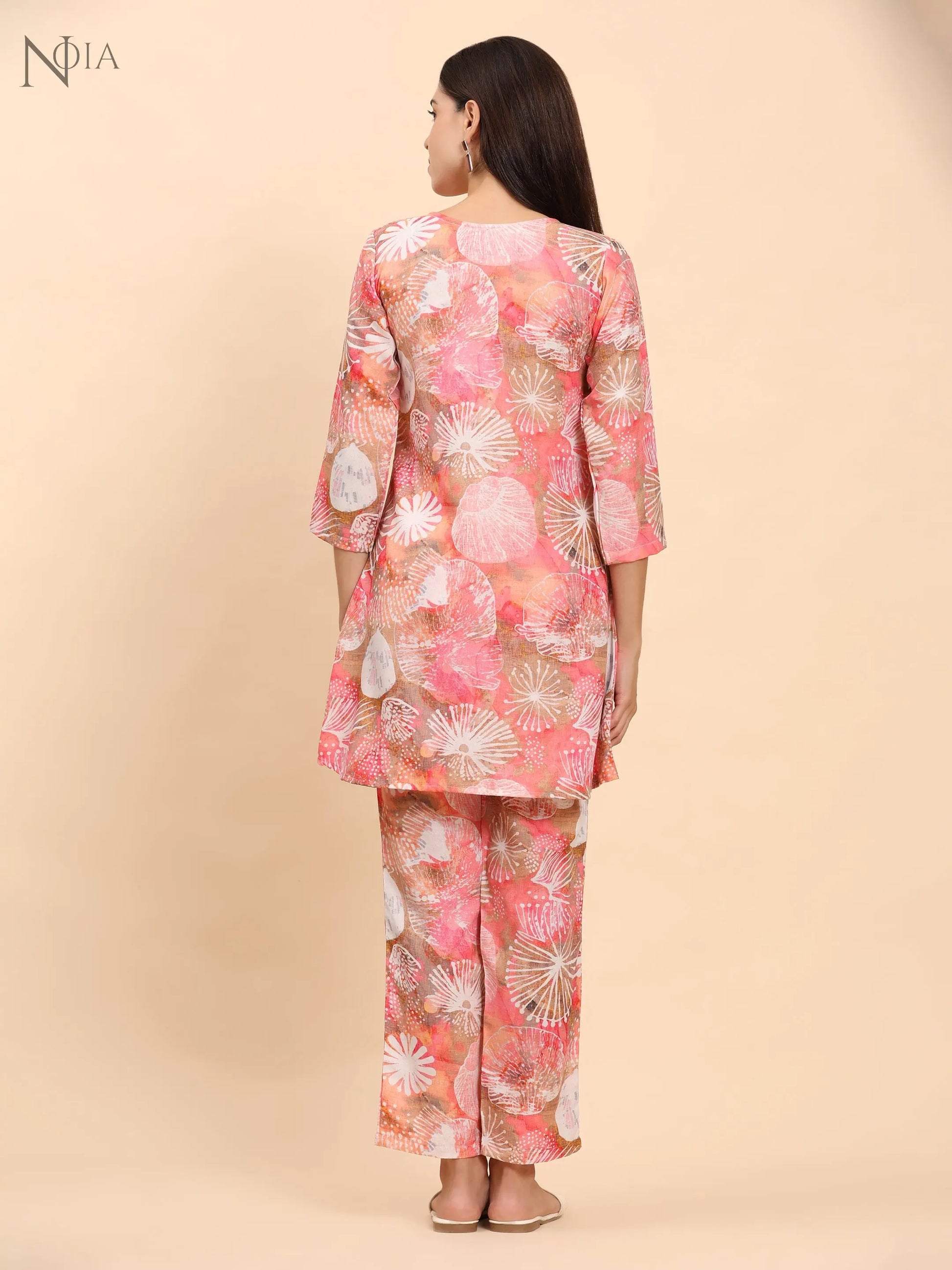 Noia Pink Multi Abstract Round Neck Top with Trousers Noia