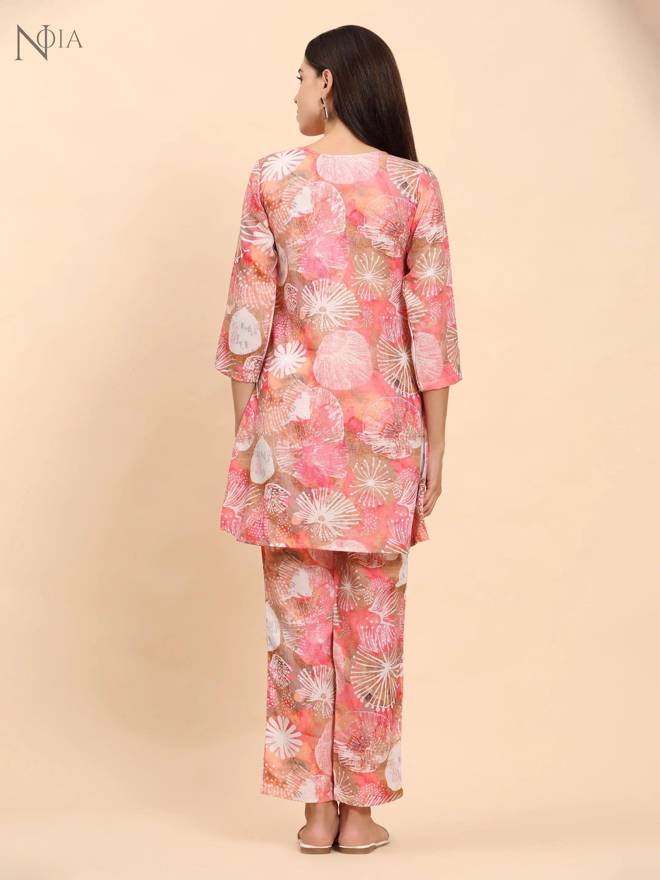 Noia Pink Multi Abstract Round Neck Top with Trousers Noia