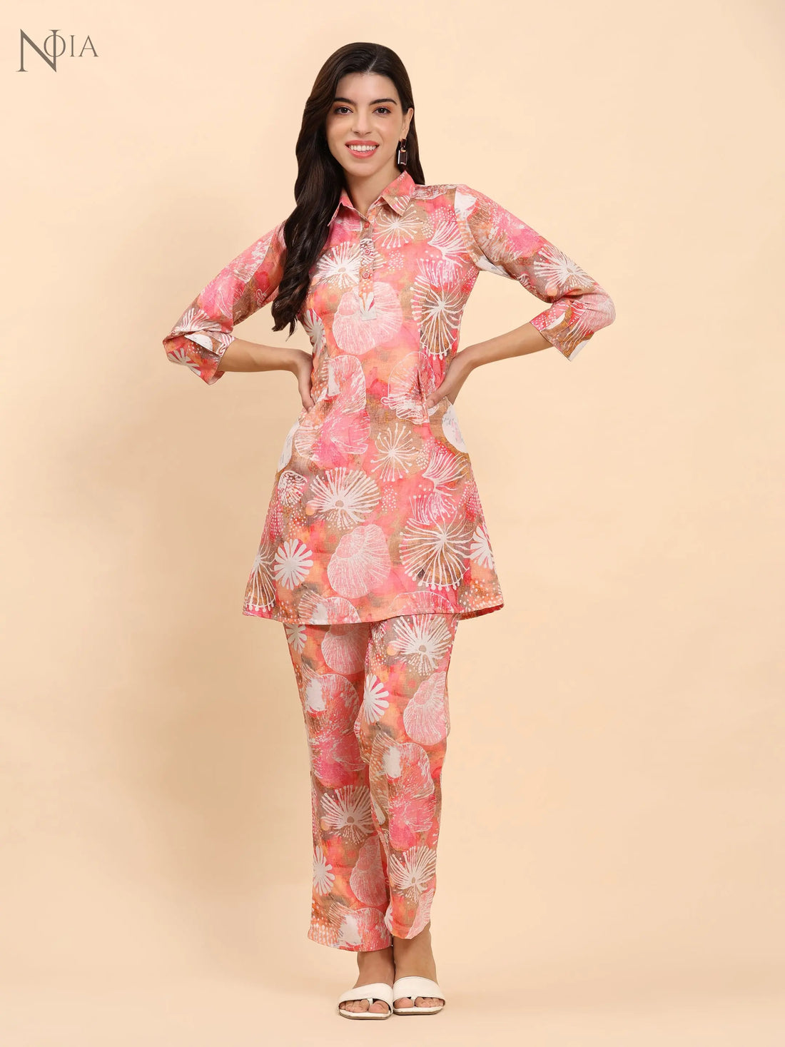 Noia Pink Multi Abstract Shirt Collared Top with Trousers Noia
