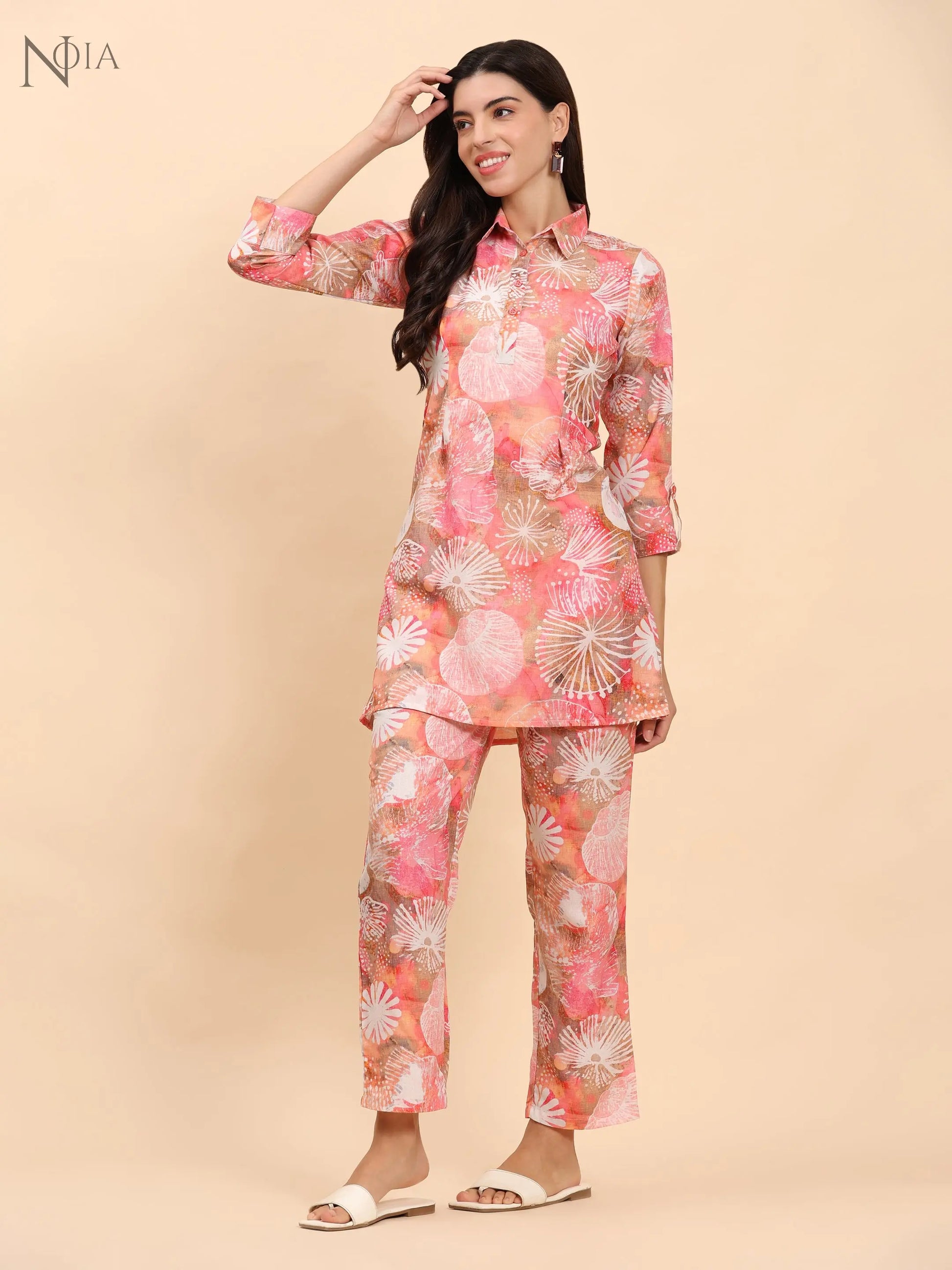 Noia Pink Multi Abstract Shirt Collared Top with Trousers Noia