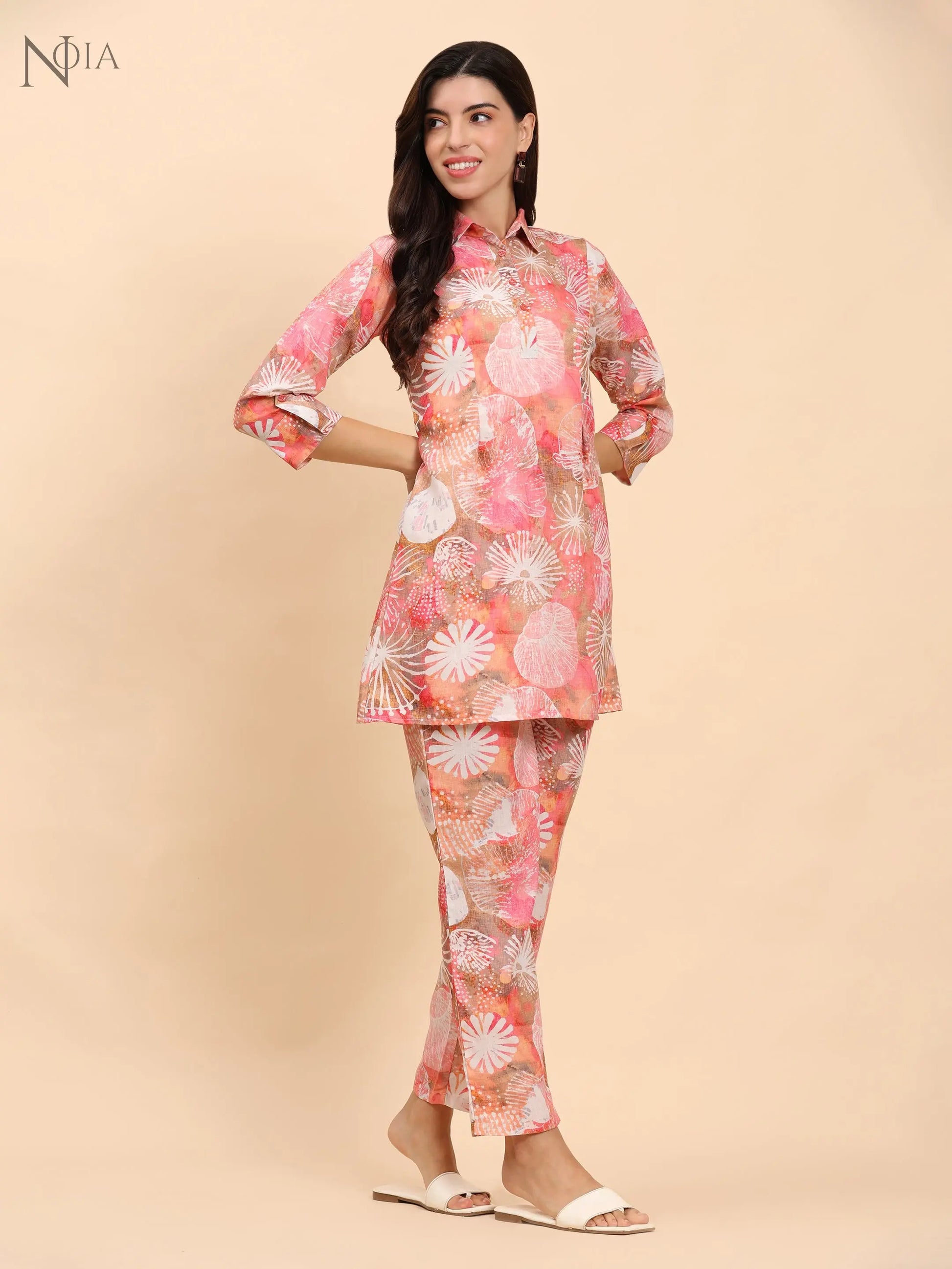 Noia Pink Multi Abstract Shirt Collared Top with Trousers Noia