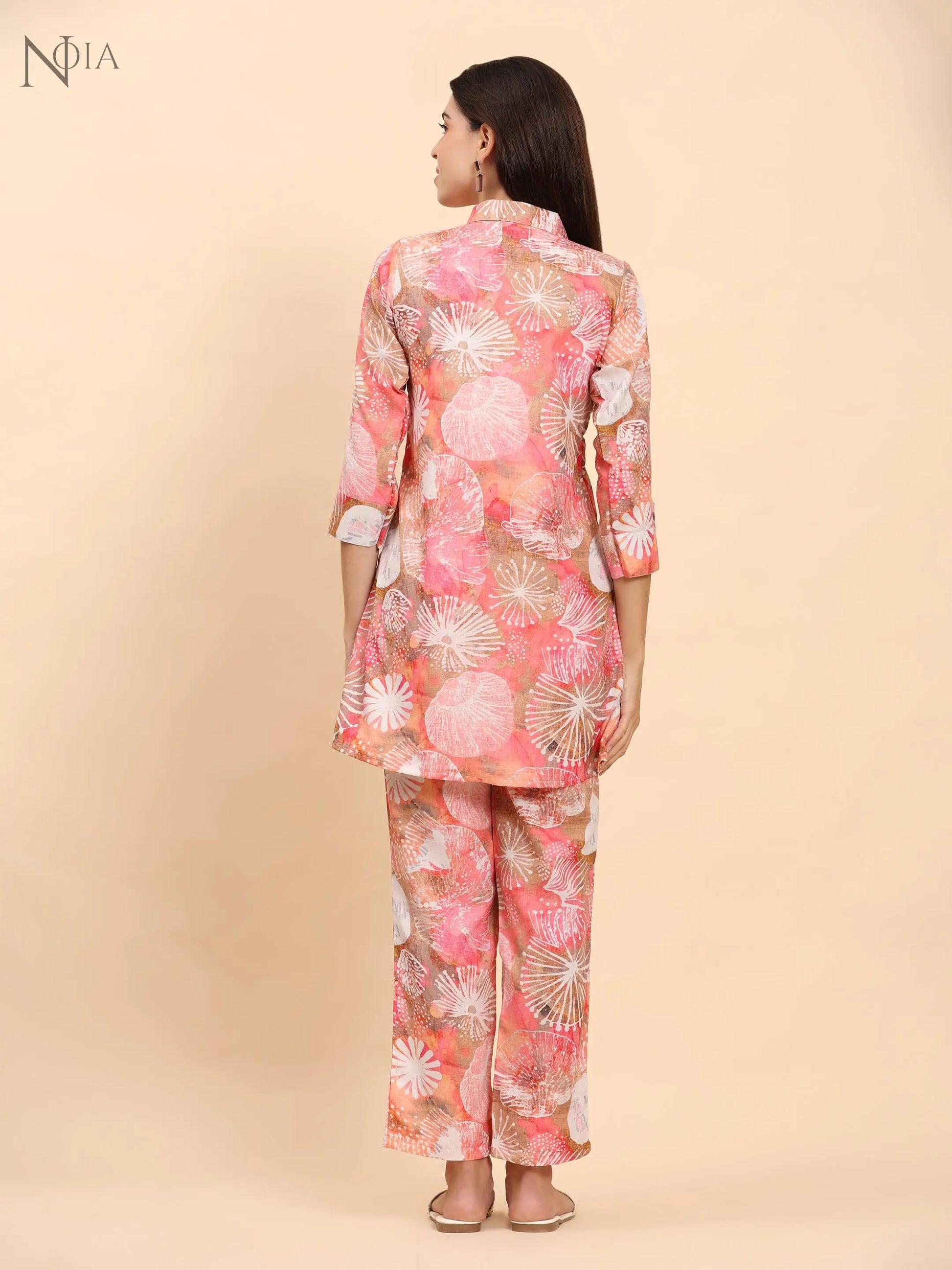 Noia Pink Multi Abstract Shirt Collared Top with Trousers Noia