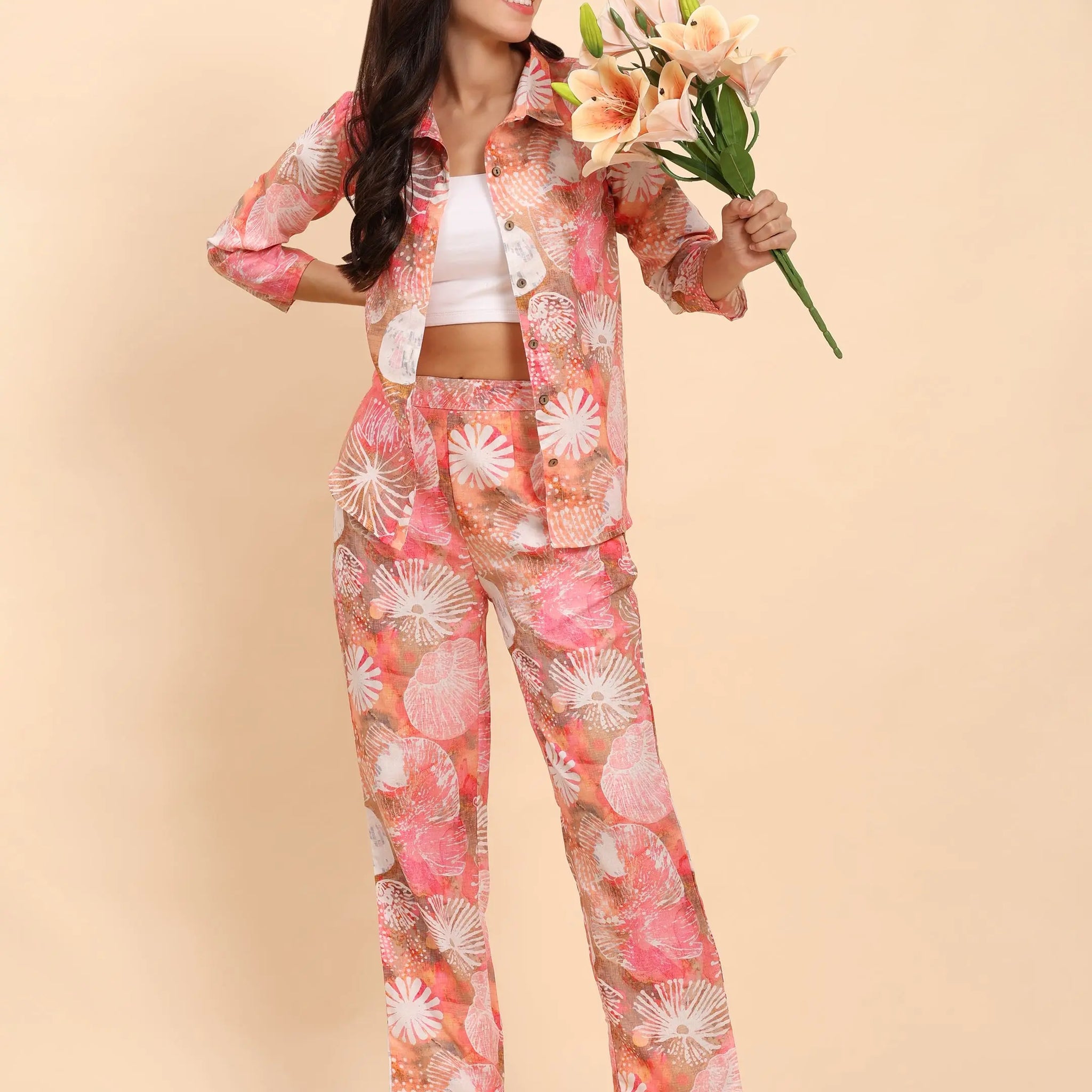 Noia Pink Multi Abstract Shirt with Trousers Noia