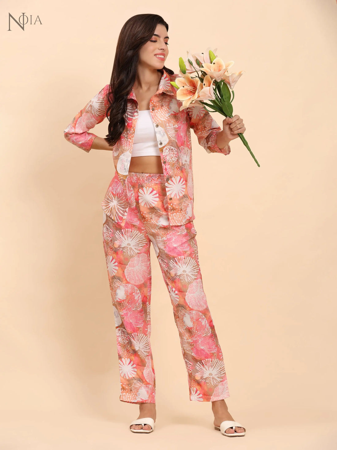 Noia Pink Multi Abstract Shirt with Trousers Noia