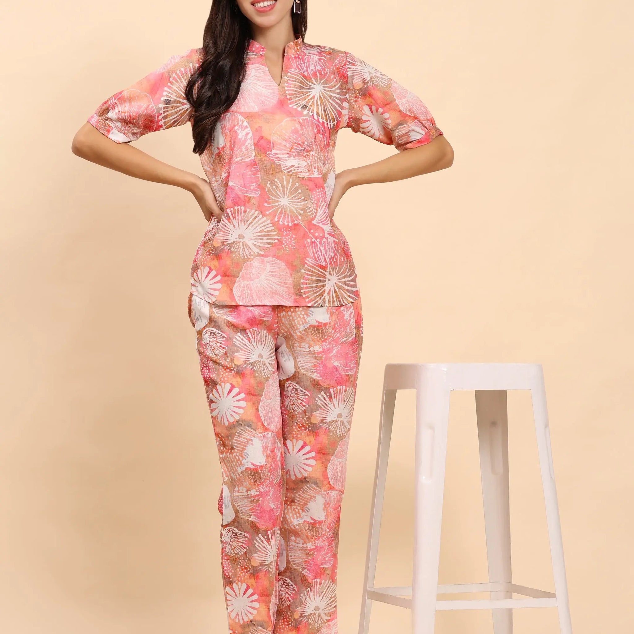 Noia Pink Multi Abstract Short Sleeve Top with Trousers Noia