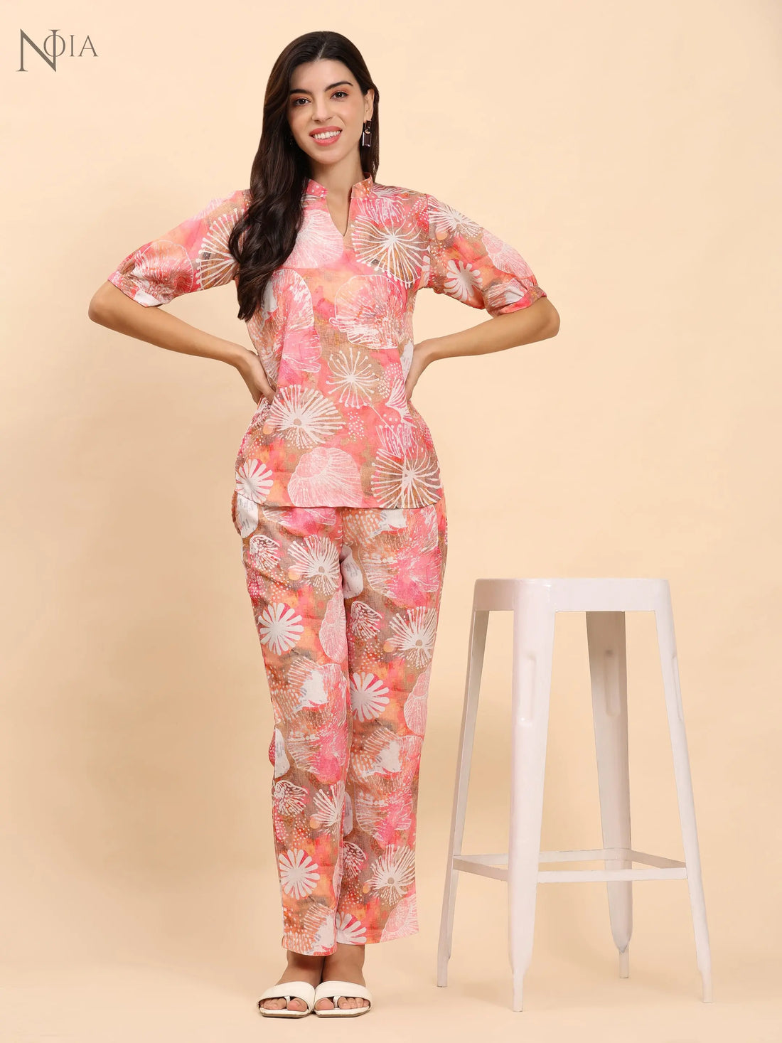 Noia Pink Multi Abstract Short Sleeve Top with Trousers Noia