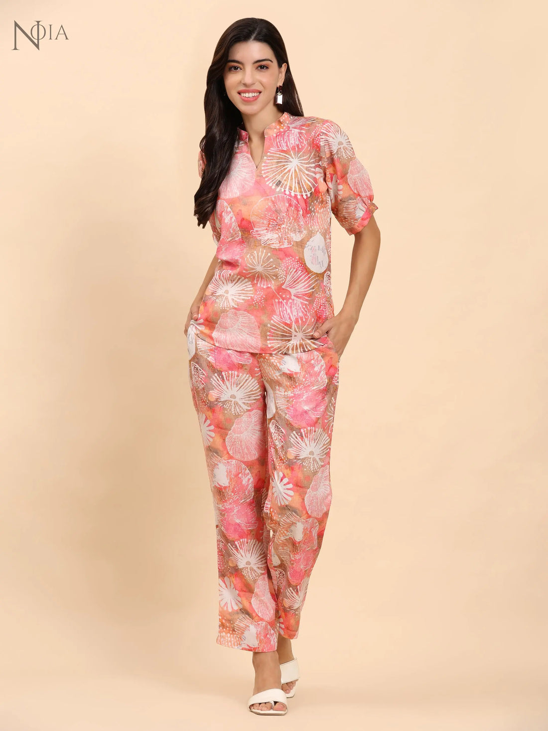 Noia Pink Multi Abstract Short Sleeve Top with Trousers Noia