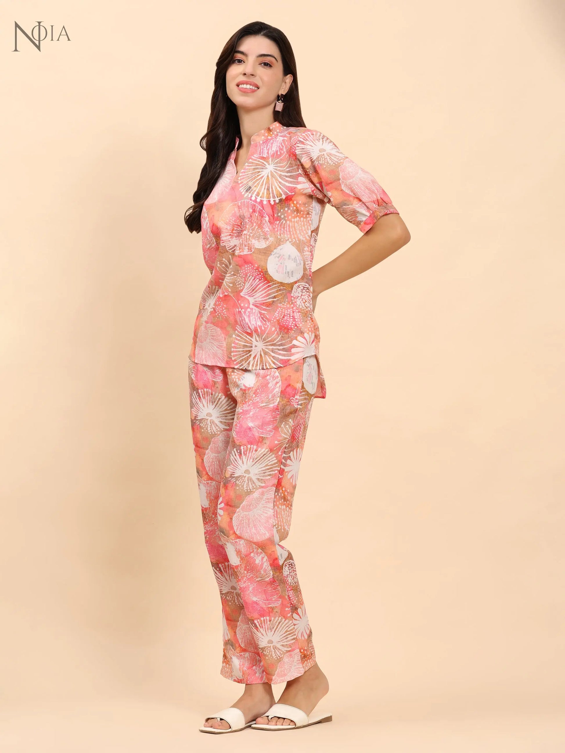 Noia Pink Multi Abstract Short Sleeve Top with Trousers Noia