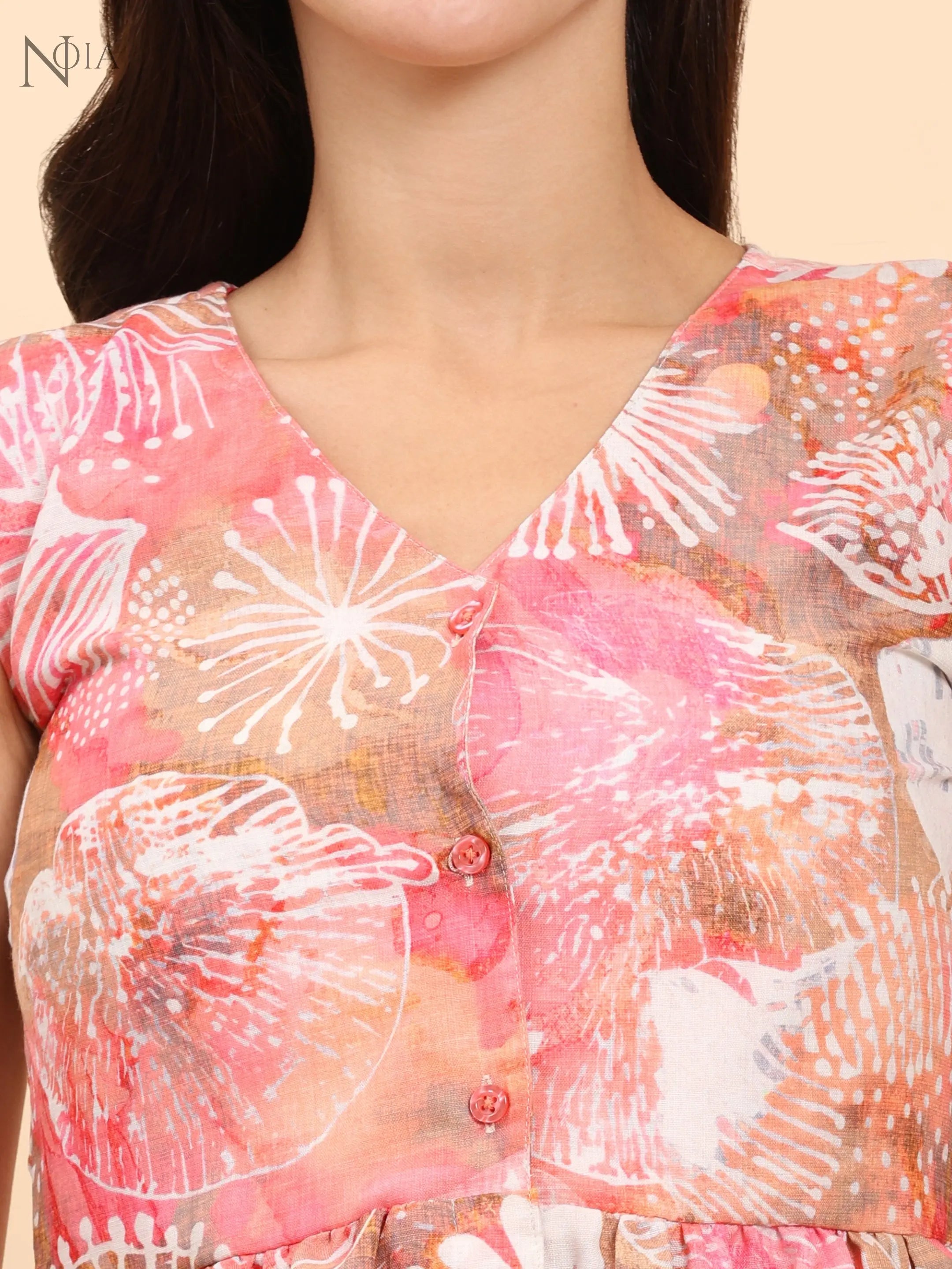 Noia Pink Multi Abstract Sleeveless Peplum Top with Trousers Noia